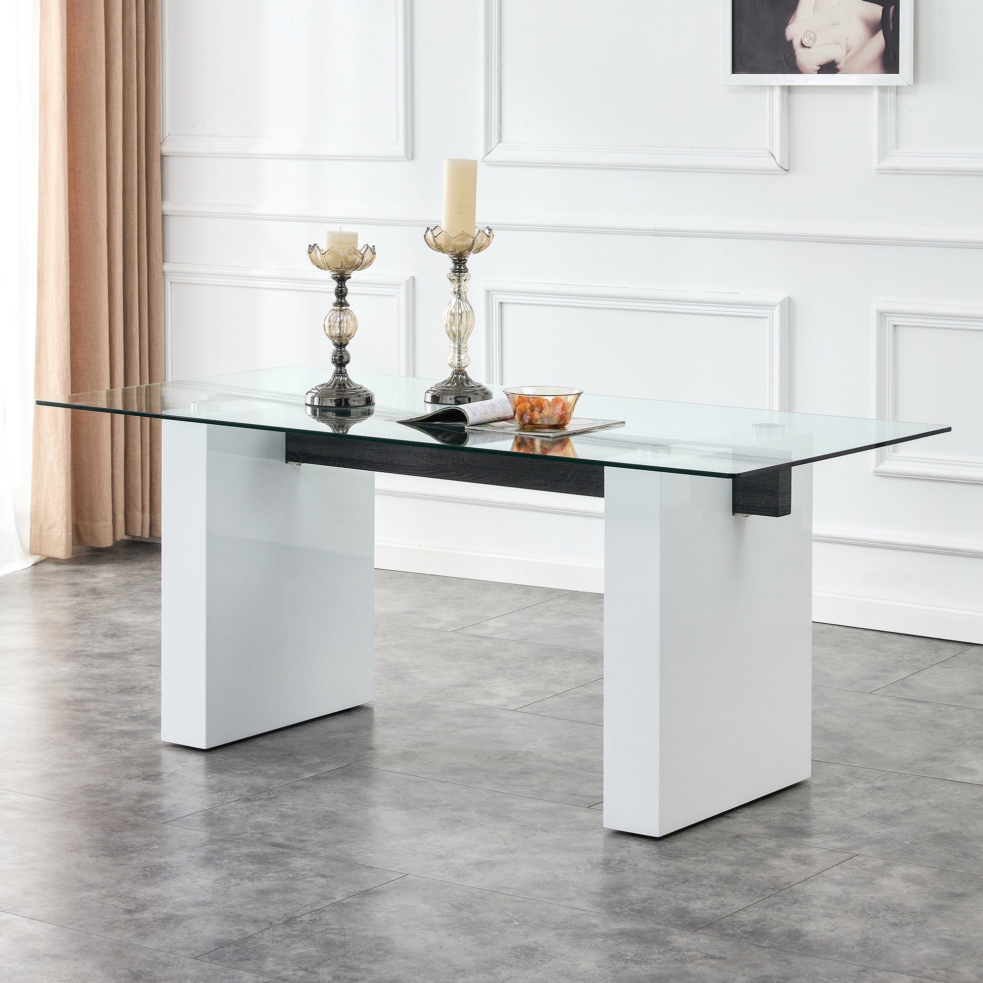 Table And Chair Set. Large Modern Rectangular Table With Glass Top And Large Mdf Legs. Comes With 6 Chairs With Faux Leather Upholstered Seats And Silver Metal Legs. White Seats 6 Mdf Glass