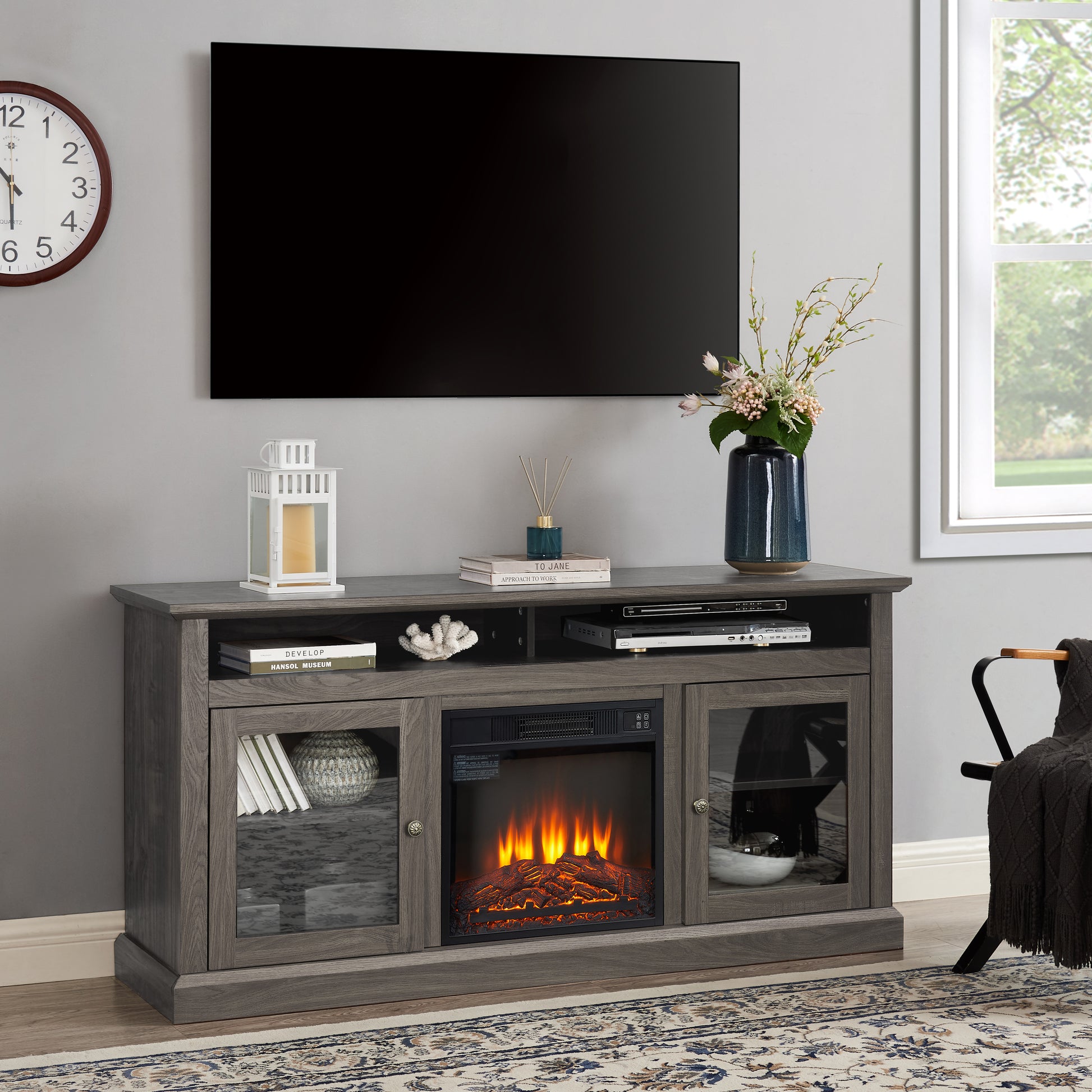 Modern Tv Media Stand Modern Entertainment Console With 18" Fireplace Insert For Tv Up To 65" With Open And Closed Storage Space, Dark Walnut Black, 60"W*15.75"D*29"H Black Dark Walnut 60 69 Inches Mdf