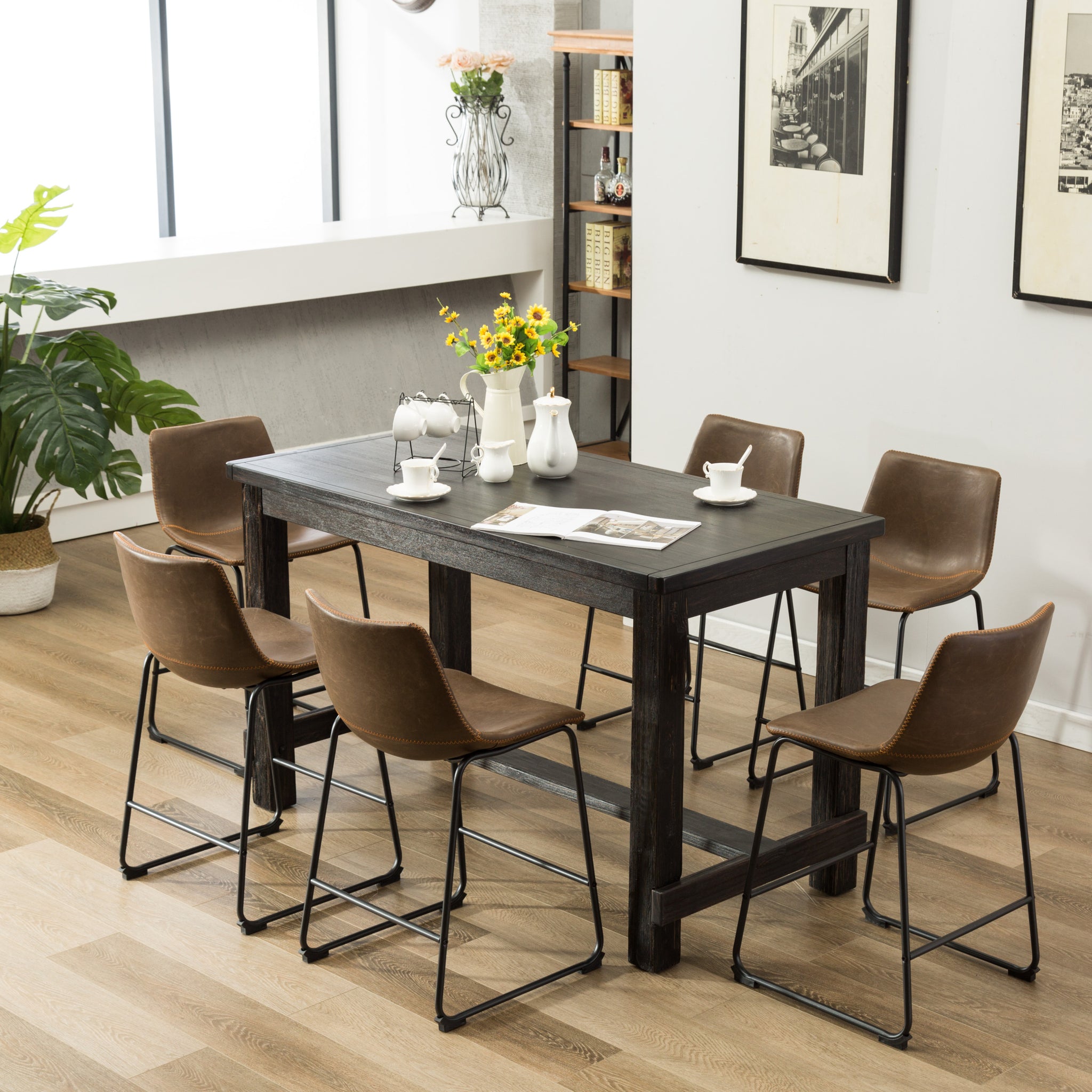 Bronco Antique Wood Finished Counter Height Dining Set: Table And Six Brown Chairs Espresso Wood Dining Room Fixed Table Rubberwood Rectangular Dining Table With Chair Upholstered Chair Wood Black Brown Seats 6 Antique,Contemporary 4 Leg Rubberwood Wood