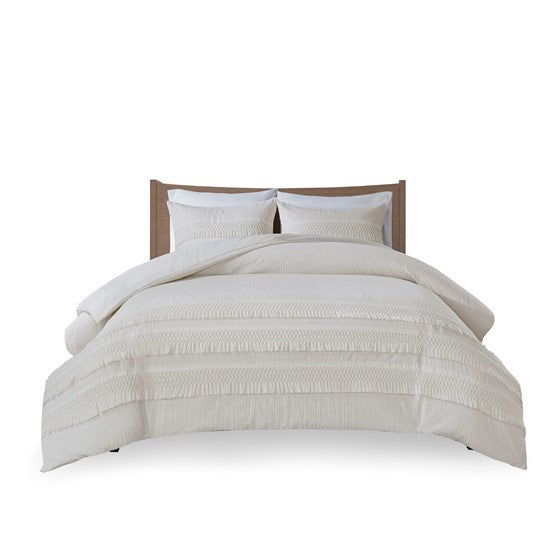 3 Piece Cotton Seersucker Duvet Cover Set King Ivory Cotton