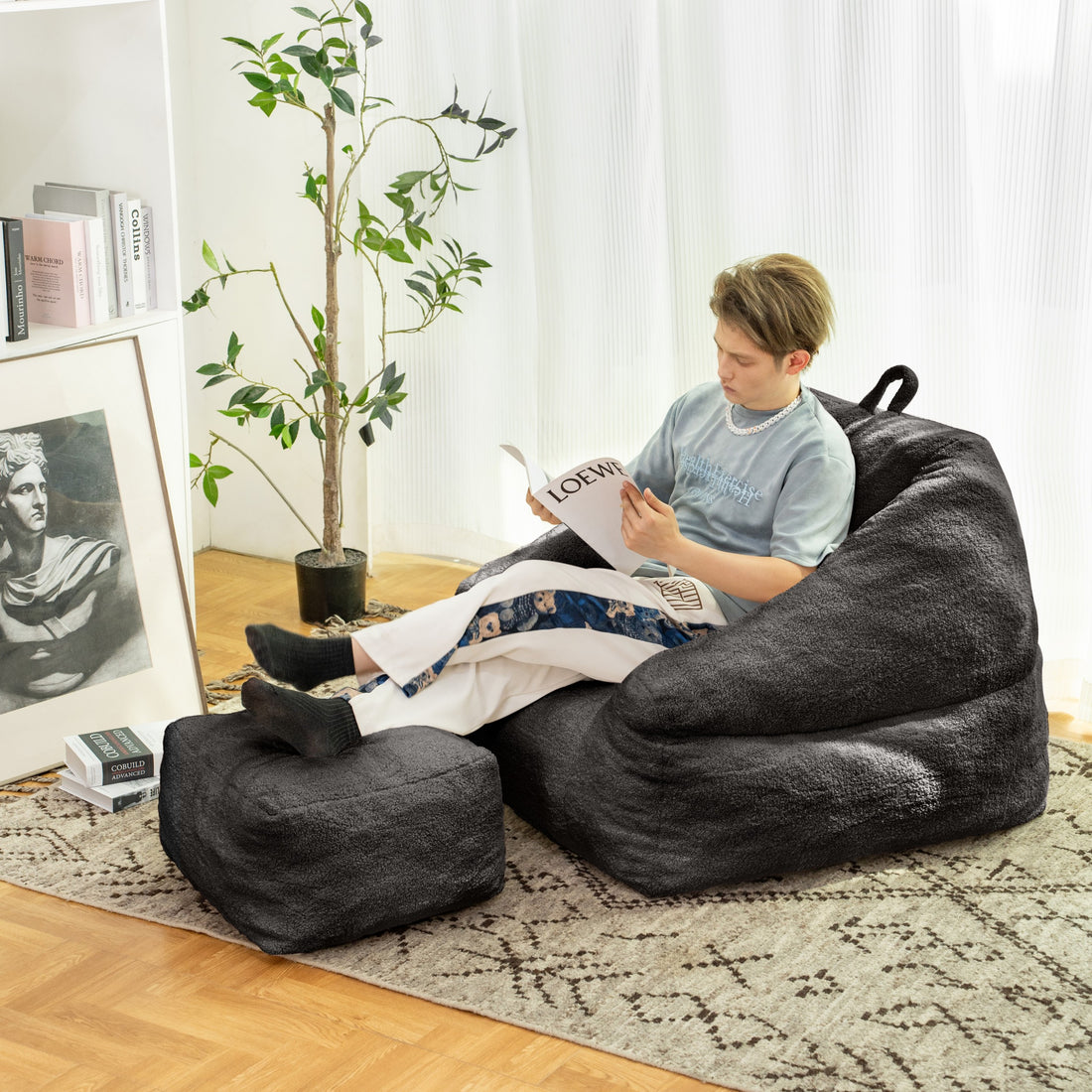 Bean Bag Chair With Filler, Bean Bag Sofa With Tufted Soft Stuffed Filling, Fluffy And Lazy Sofa, Comfy Cozy Beanbag Chairs With Memory Foam For Dorm, Apartment, Living Room, Black Black Primary Living Space Soft Casual,Modern Foam Teddy