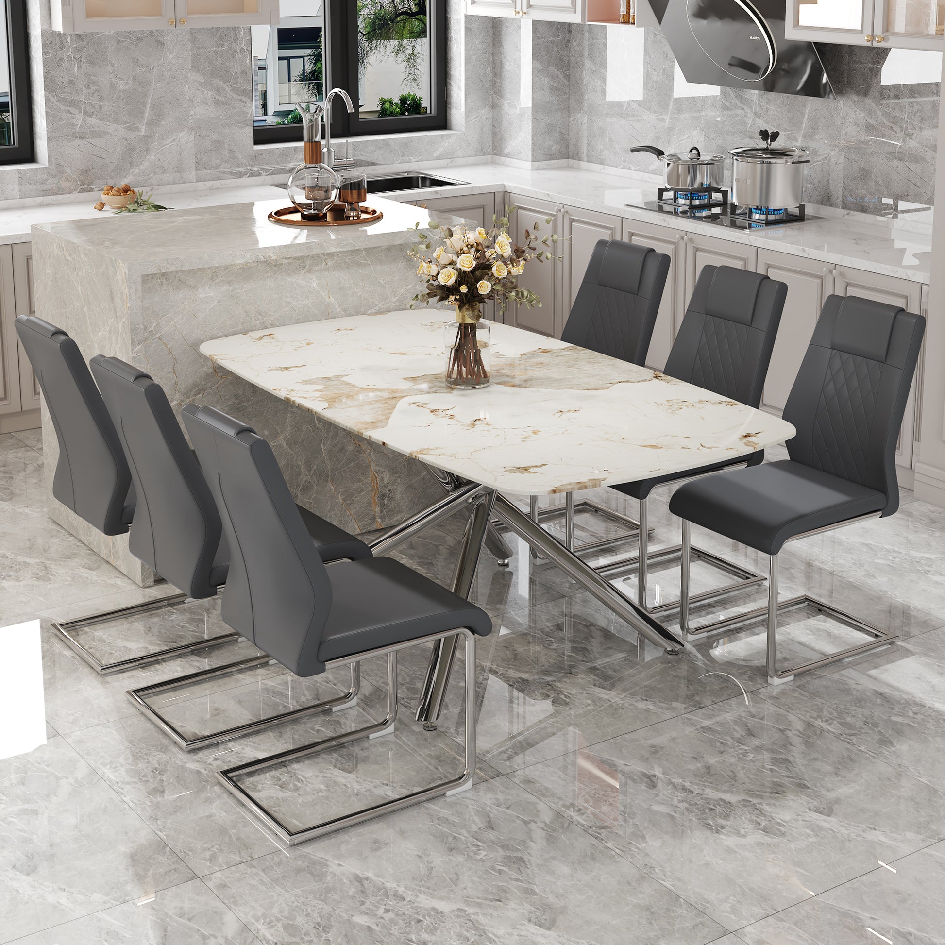 Table And Chair Set.Modern Luxurious White Marble Patterned Tempered Glass Dining Table With 6 Chairs.Single Fork Silver Metal Table Legs.Dark Gray Pu Dining Chairs With Silver Metal Legs. Dark