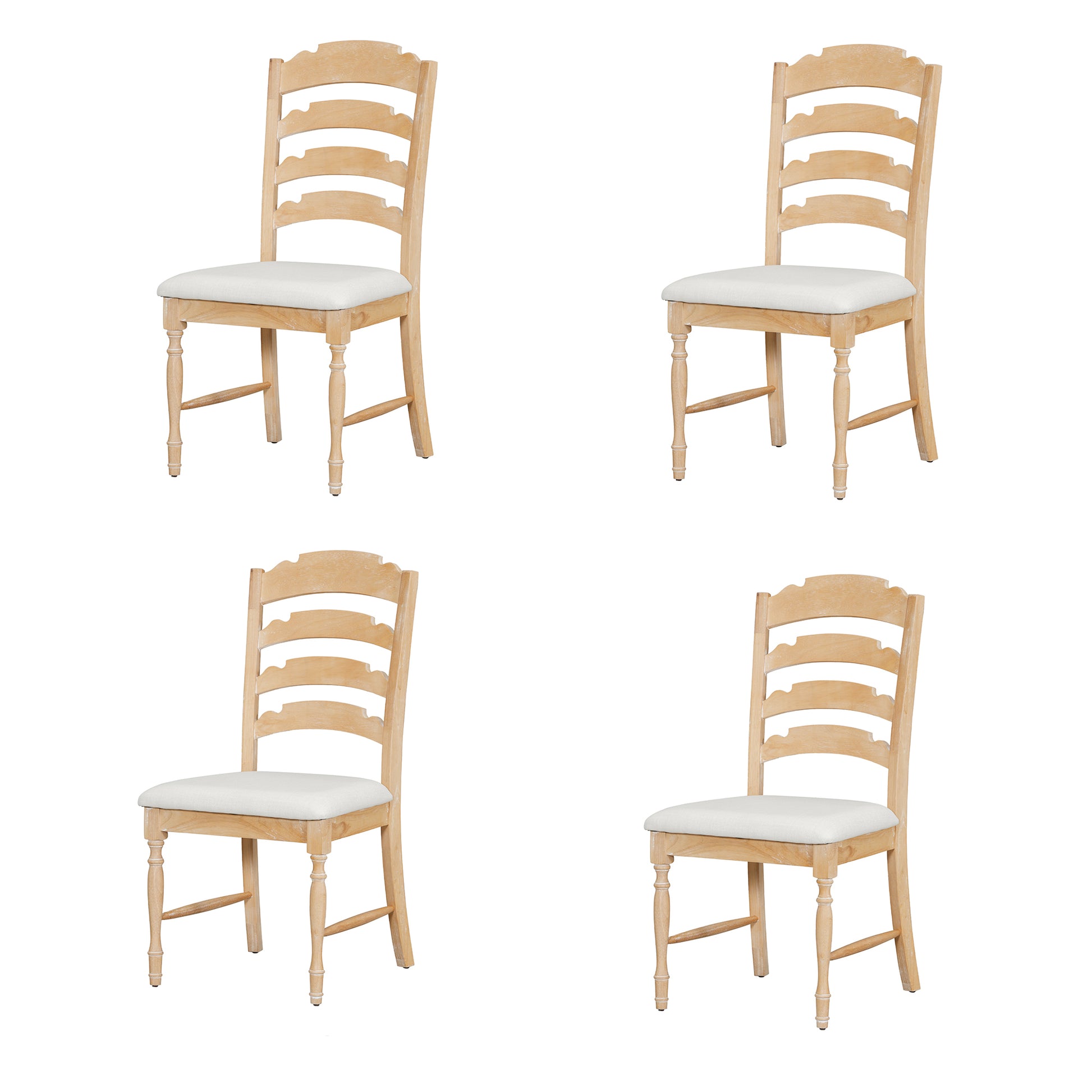 Vintage Traditional 4 Piece Upholstered Dining Chairs, Serrated Dining Backs, Natural Natural Dining Room Traditional Rubberwood Foam Rubber Wood