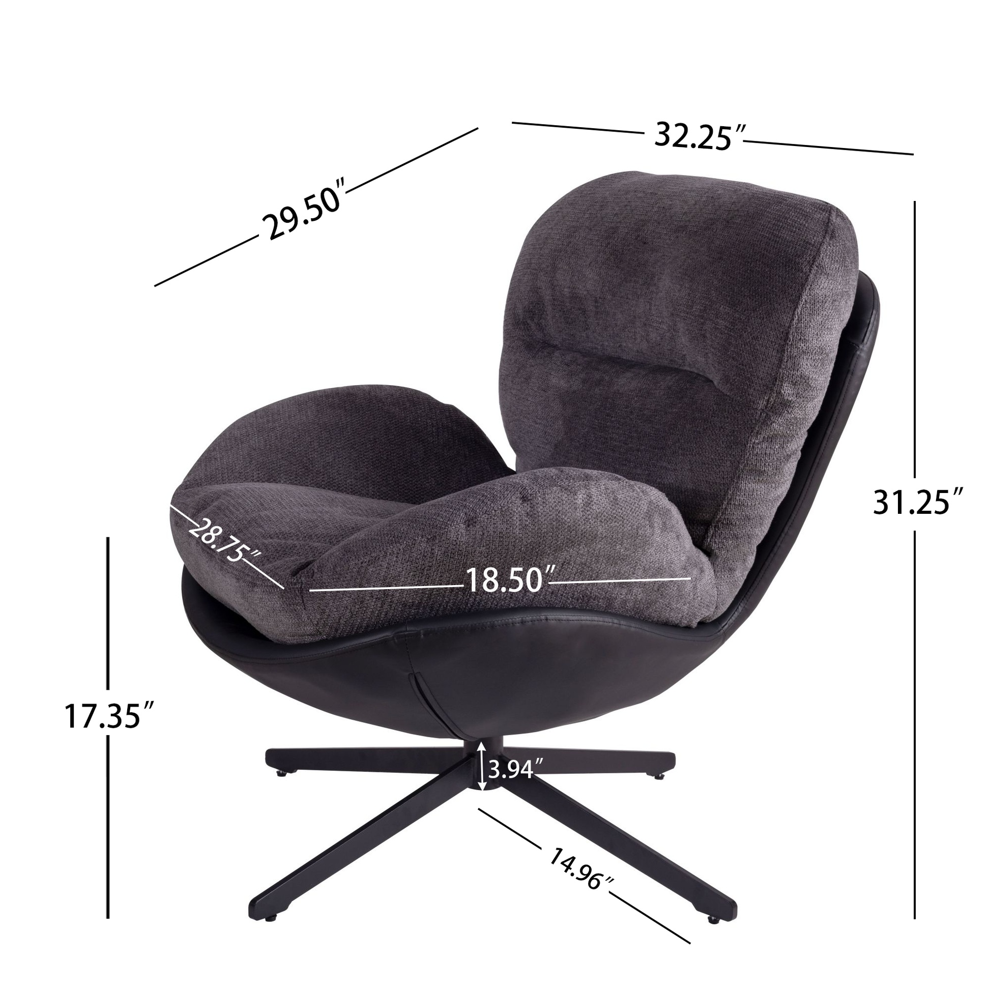 360 Swivel Accent Chair, Modern Chenille Lounge Chair With Faux Leather And Black Metal Base Frame, Comfortable Reading Chair For Small Spaces, Living Room, Bedroom, Reading Corner, Office, Dark Gray Black,Dark Gray Brown Primary Living Space