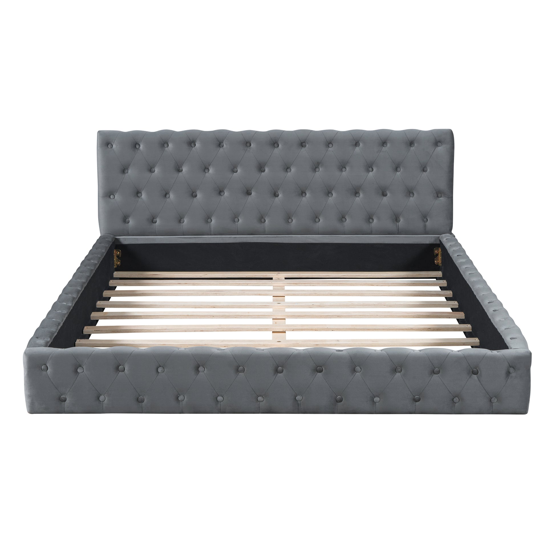 Queen Size Velvet Upholstered Platform Bed, With Luxurious Diamond Grid Headboard,Gray Queen Gray Plywood