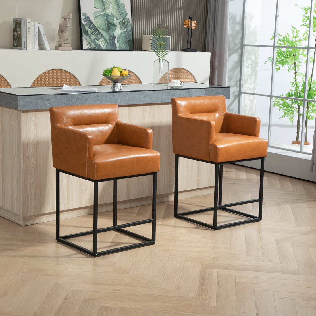 Coolmore Counter Height Bar Stools Set Of 2, Modern Barrel Bar Stool With Backrest And Arms, Black Metal Frames, Upholstered Bar Stools For Kitchen Island, Pub, Club Light Brown Foam Pu Leather