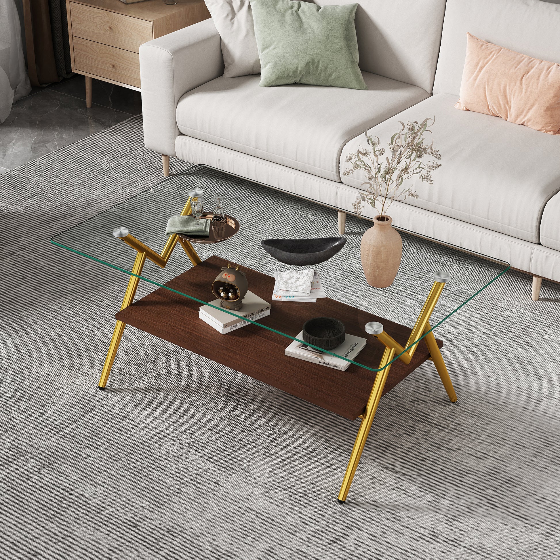 Rectangle Coffee Table With Tempered Glass Top And Golden Metal Legs, Modern Table For Living Roomtransparent Glass Transparent Tempered Glass