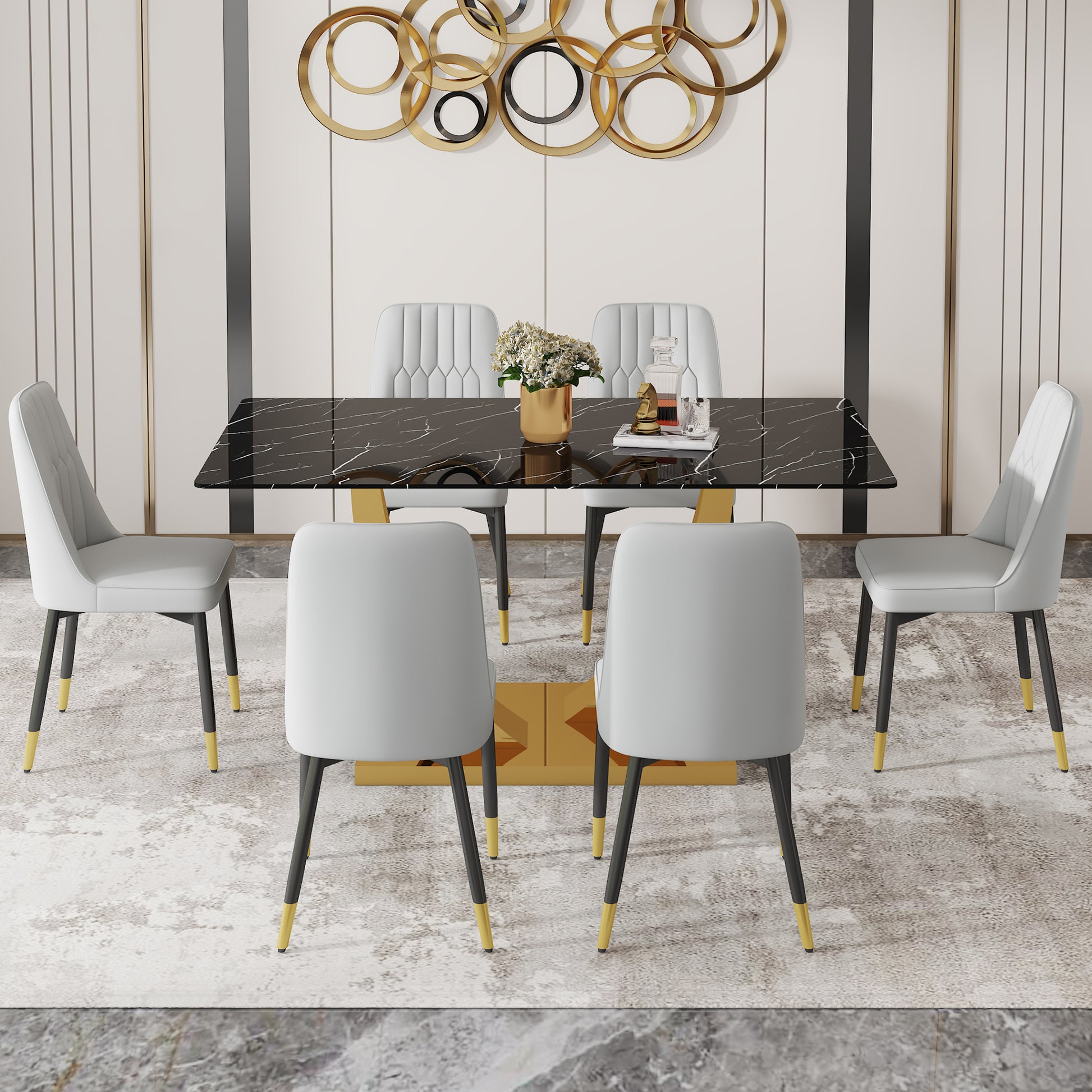 Table And Chair Set.Modern Rectangular Dining Table With Black Textured Stickers Glass Tabletop And Gold Plated Metal Legs.Paried With 6 Comfortable Chairs With Pu Seats And Black Metal Legs. Black