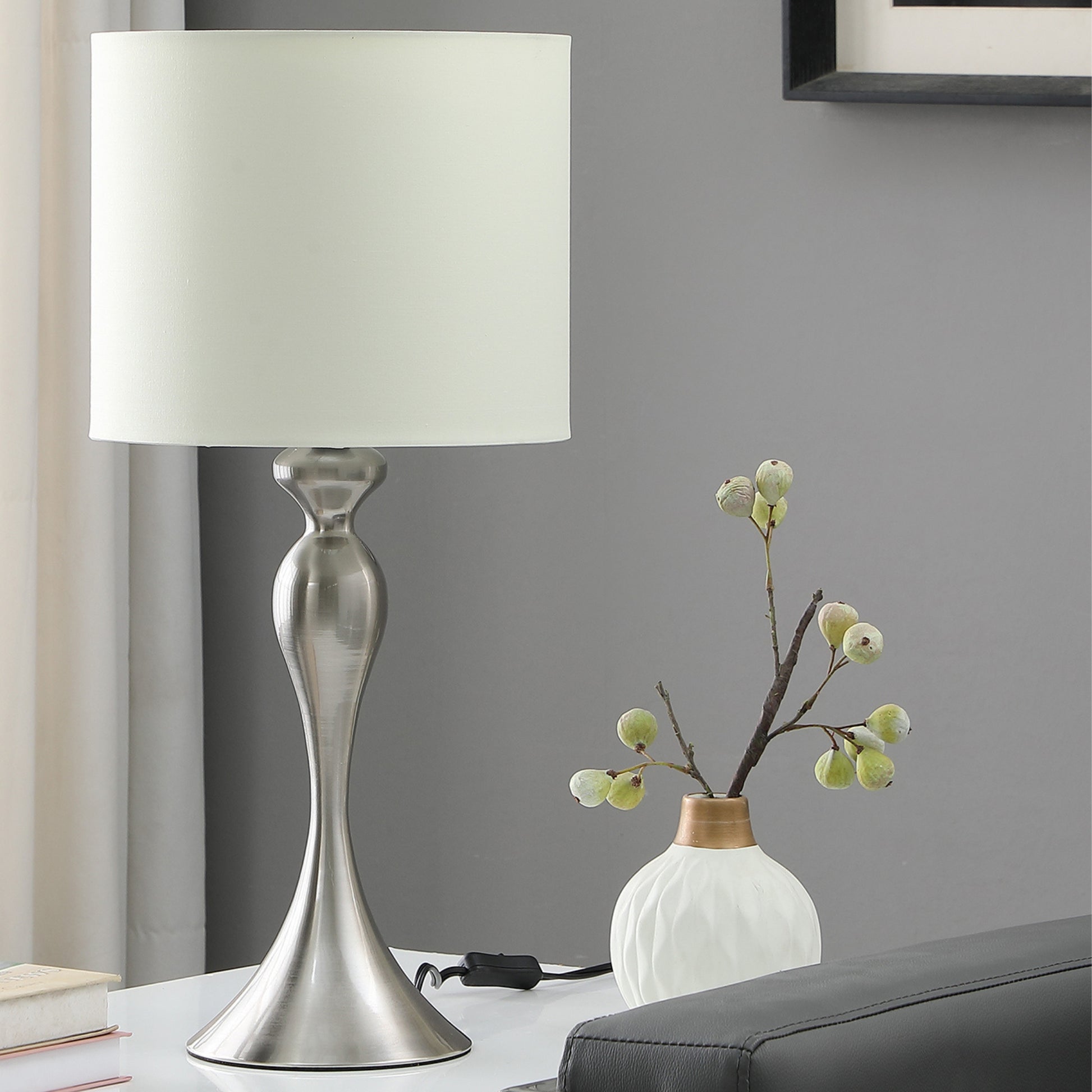 24.5" In Bailey Brushed Silver Modern Candlestick Metal Table Lamp Silver Fabric Metal