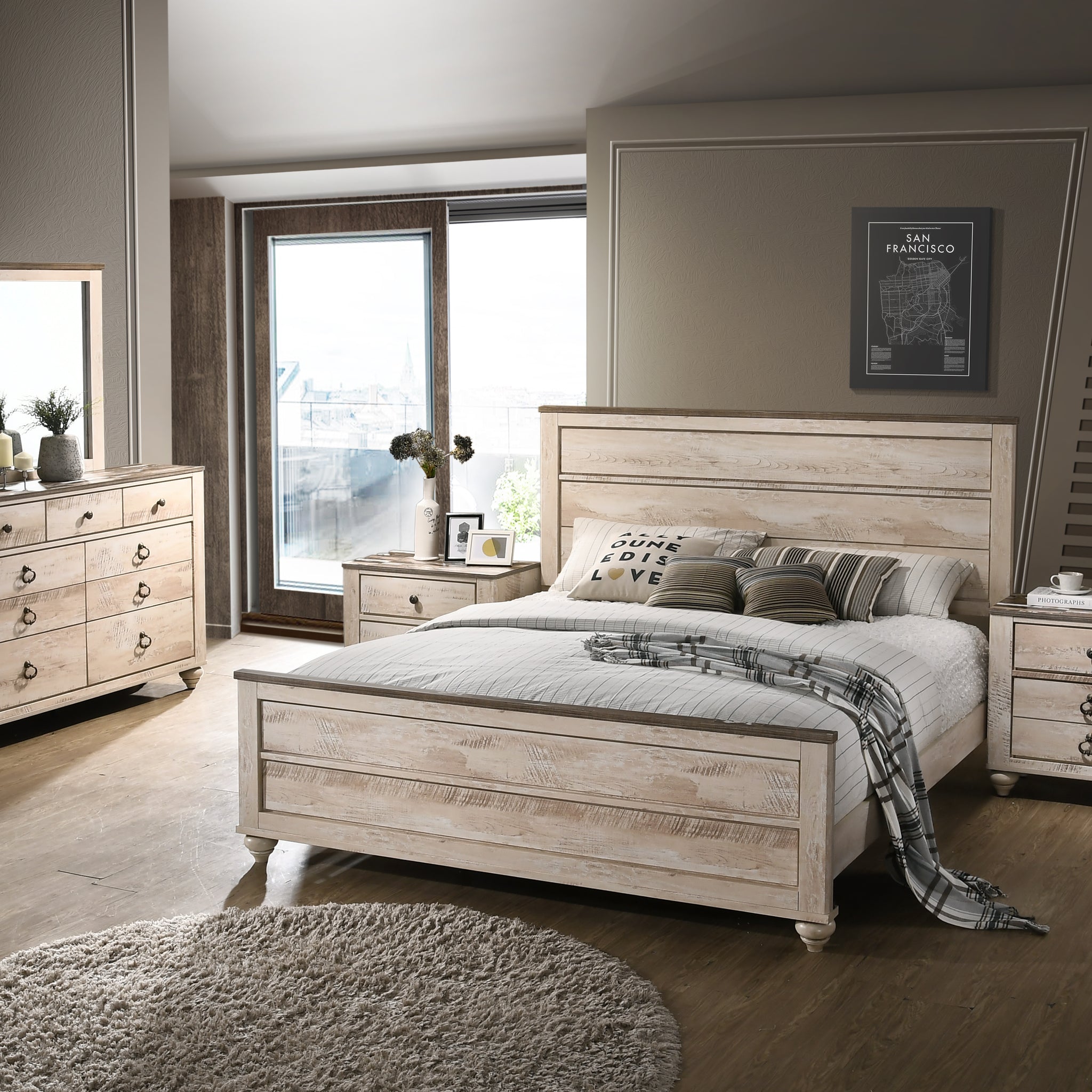 Imerland Contemporary White Wash Finish 5 Piece Bedroom Set King Bed, Dresser, Mirror, 2 Nightstands Box Spring Required King Walnut Brown Wood Light Brown 5 Piece Set Bedroom Bed Included,Dresser Included,Mirror Included,Nightstand Included