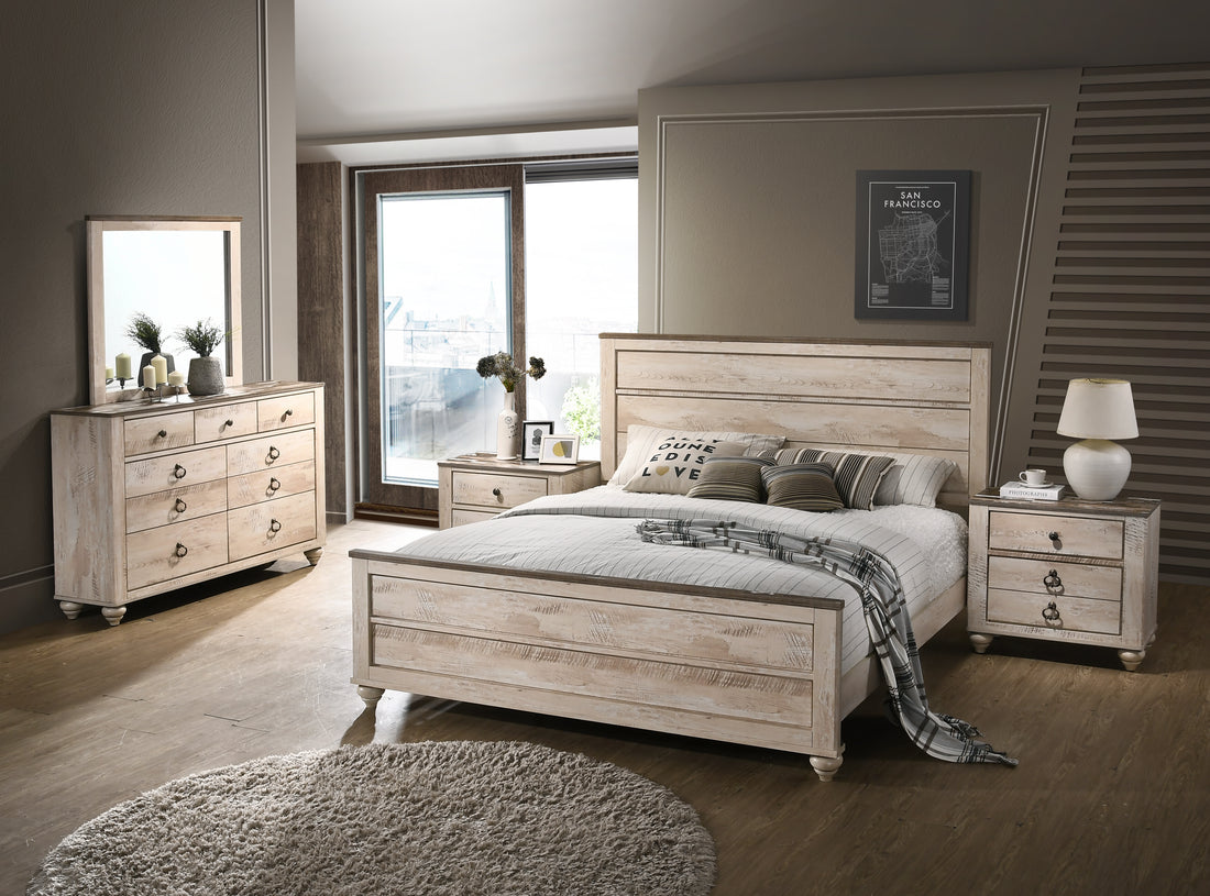 Imerland Contemporary White Wash Finish 5 Piece Bedroom Set King Bed, Dresser, Mirror, 2 Nightstands Box Spring Required King Walnut Brown Wood Light Brown 5 Piece Set Bedroom Bed Included,Dresser Included,Mirror Included,Nightstand Included