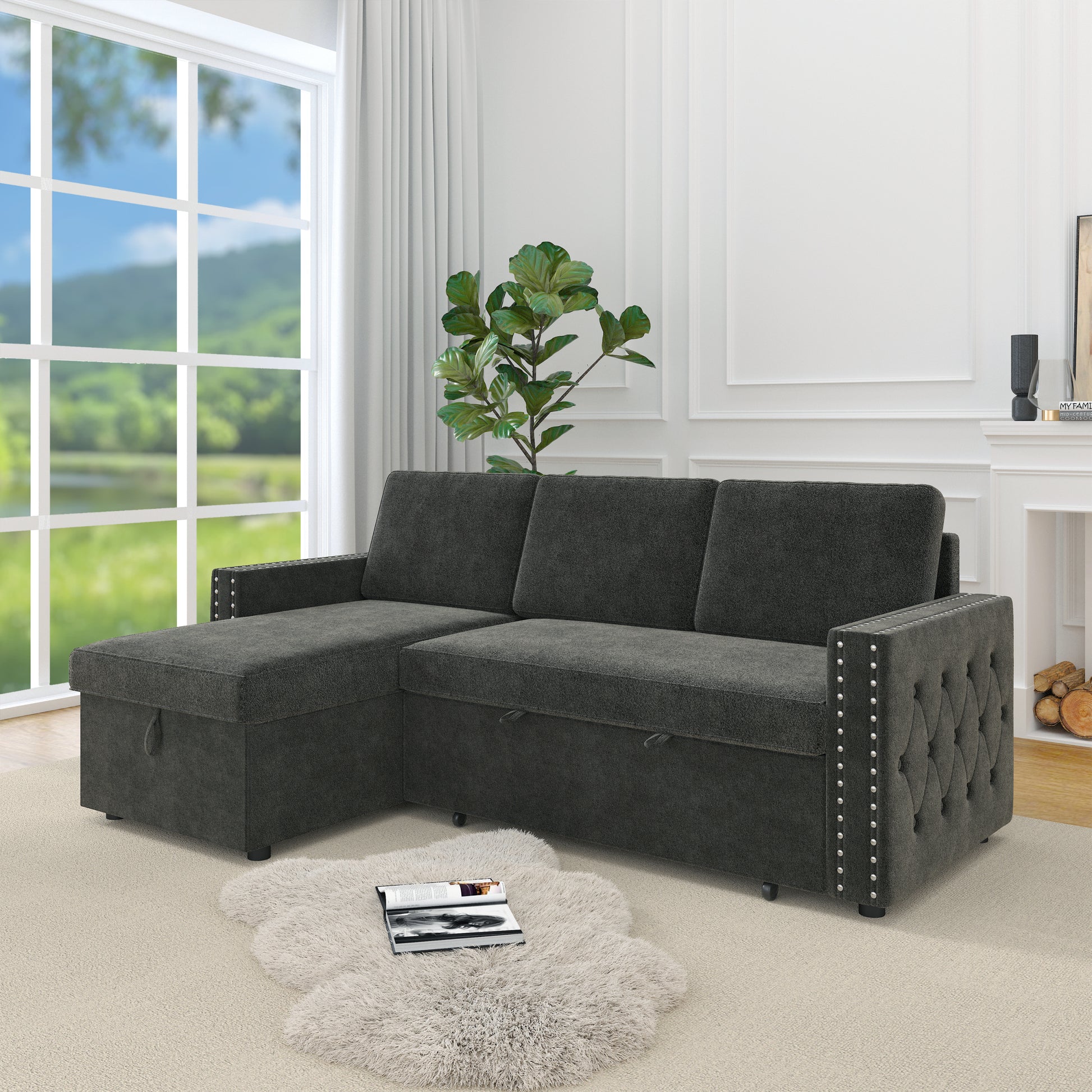 85 Inches Sofa Bed, 3 Seater Sleeper Sofa With Storage Chaise, Square Handrail With Pull And Copper Nail,Chenille Dark Grey, Pull Out Couch For Living Room Dark Grey Chenille 3 Seat