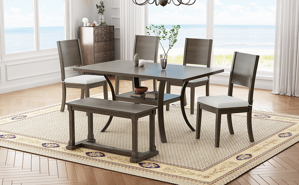 6 Piece Wood Dining Table Set With Storage Shelf And Curved Legs, Kitchen Table Set With Bench And 4 Removable Cushions Dining Chairs, Modern Style, Brown Gray Cushion Wood Dining Room Solid Wood Rubberwood Rectangular Dining Table With Bench Wood Wood