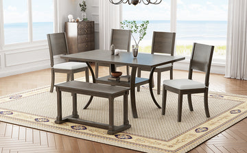 6 Piece Wood Dining Table Set With Storage Shelf And Curved Legs, Kitchen Table Set With Bench And 4 Removable Cushions Dining Chairs, Modern Style, Brown Gray Cushion Wood Dining Room Solid Wood Rubberwood Rectangular Dining Table With Bench Wood Wood
