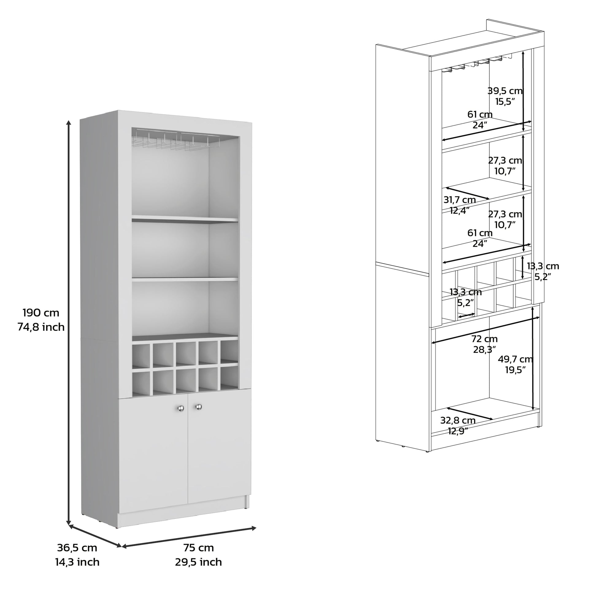 Cabinet 4 Tier, Glass Holder Stemware Rack, Wine Cabinet, Liquor Cabinet, 10 Bottle Cubbies, 4 Shelves, White White Solid Wood Mdf Engineered Wood