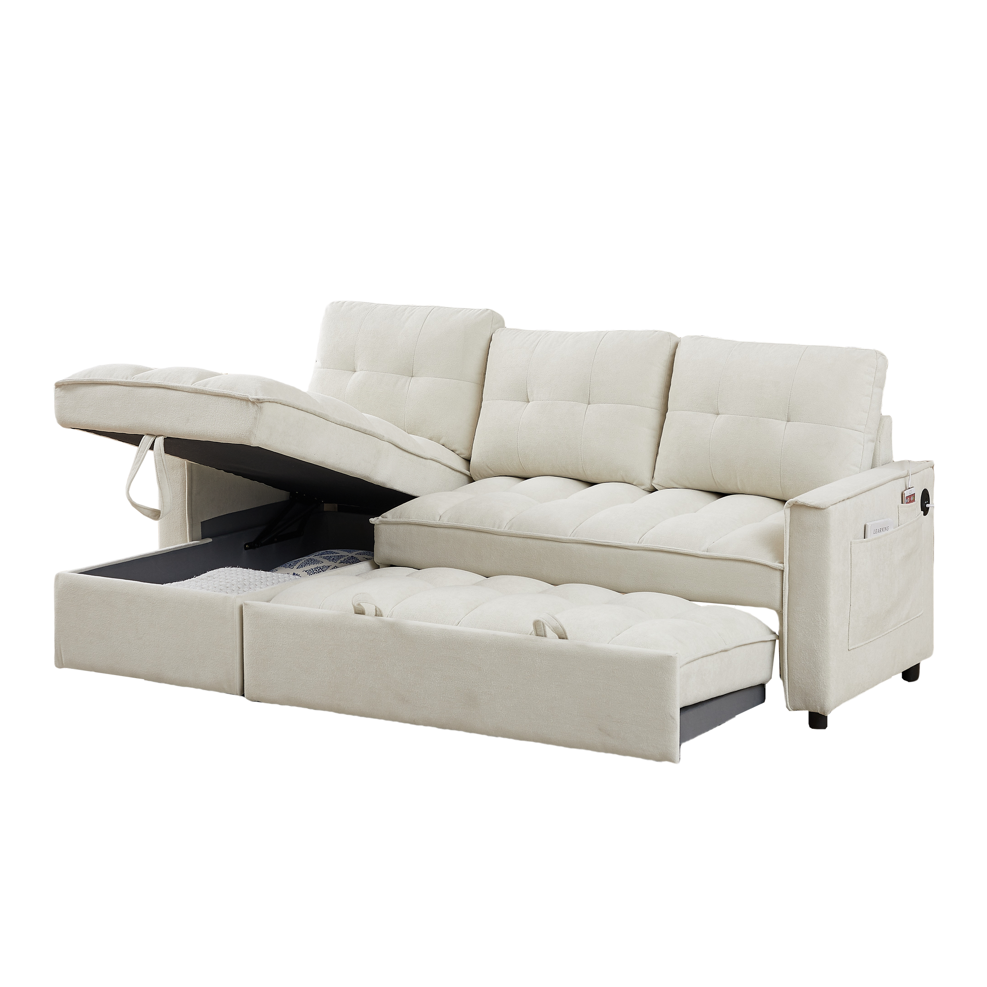 Mh 78.75" Reclining Sofa, Pull Out Sofa Bed With Usb And Tape C Charging Ports, L Shaped Sectional Sofa With Reclining Storage And Arm Side Organizer Pocket Features, Living Room Comfort Sofa Beige