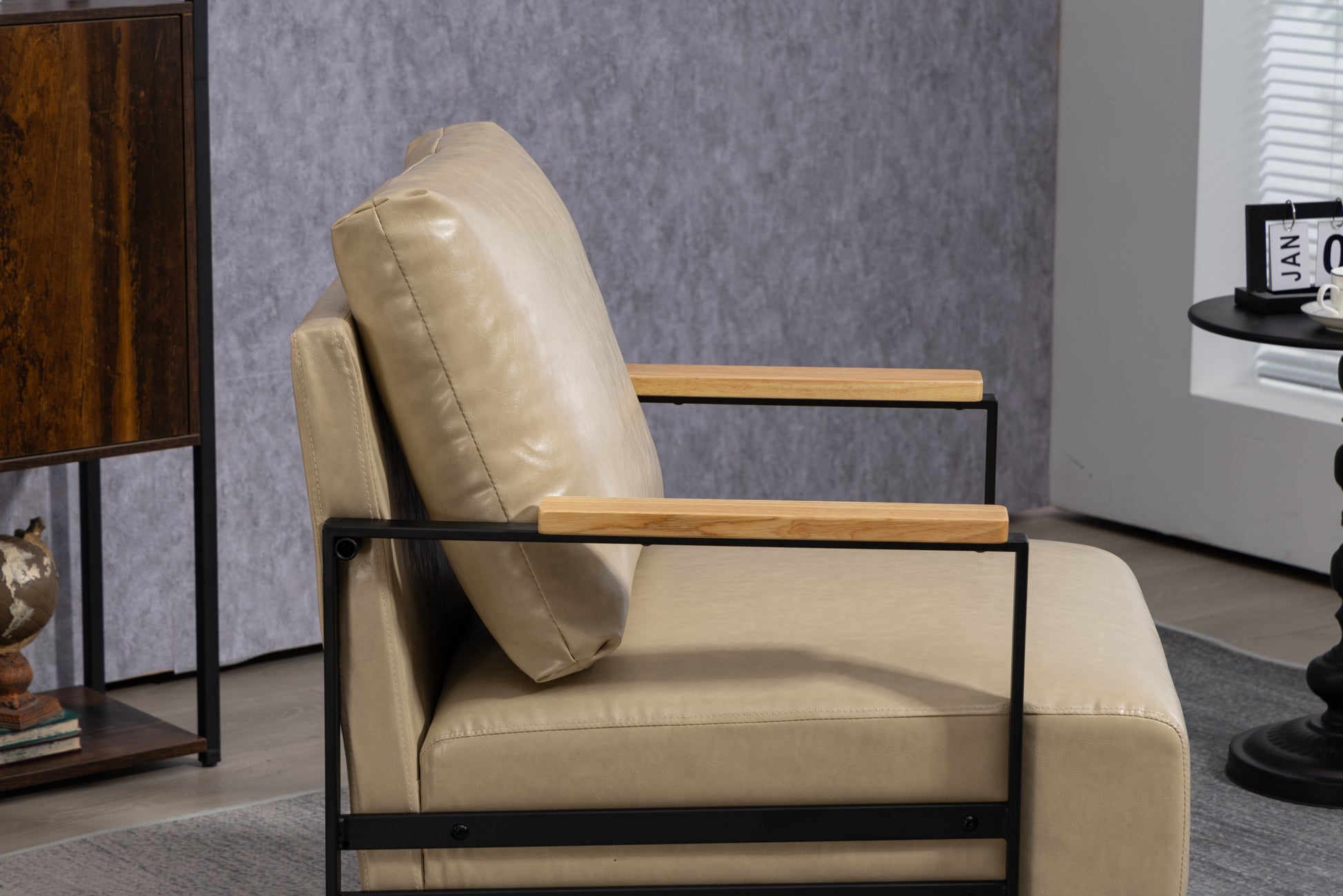 Leather Accent Chair Guest Chair For Living Room, Mid Century Armchair For Bedroom Khaki Pu