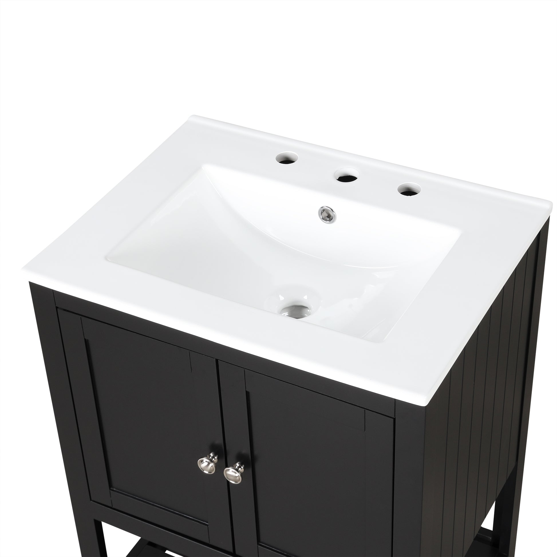 Video 24" Black Modern Sleek Bathroom Vanity Elegant Ceramic Sink With Solid Wood Frame Open Style Shelf Black Solid Wood Mdf