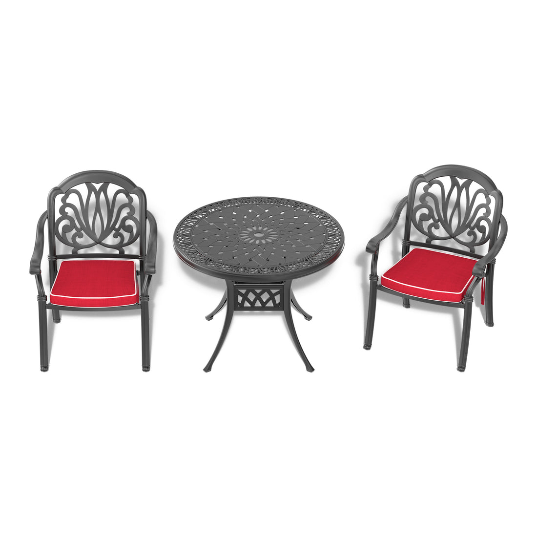 Cushions In Random Colors 3 Piece Set Of Cast Aluminum Patio Furniture With Cushions Yes Dining Set Black Seats 2 Rust Resistant Frame Water Resistant Cushion Garden & Outdoor Complete Patio Sets Aluminium