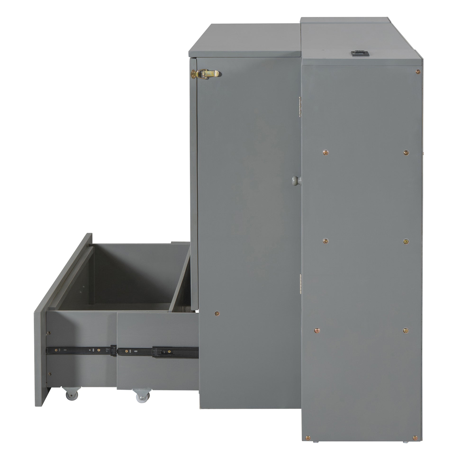 Queen Size Murphy Bed Wall Bed With Drawer And Rattan Decoration With 2 Storage Cabinets, One Set Of Sockets & Usb Ports, Pulley Structure Design, Gray Queen Gray Plywood