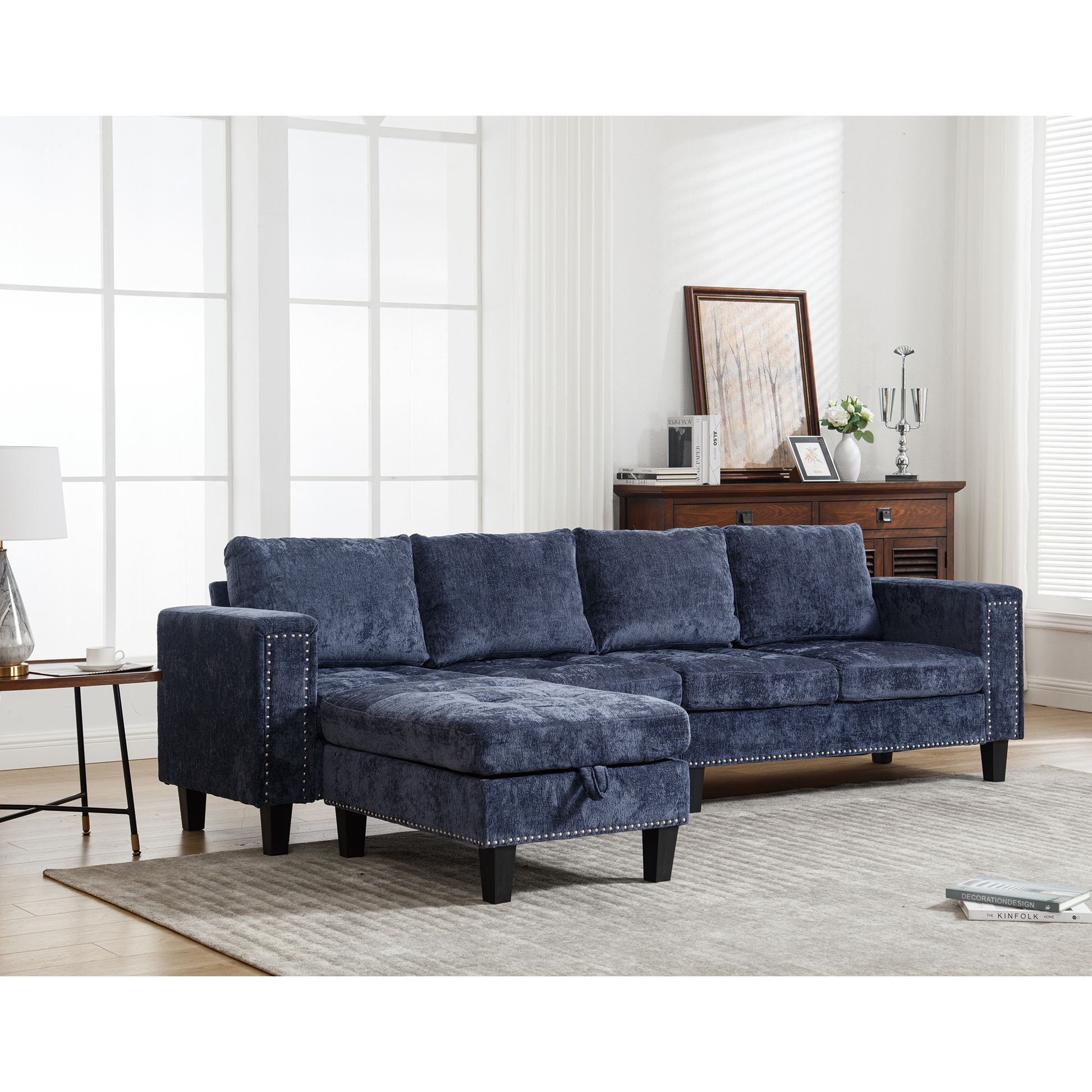 Arrived 5 Seat Modular Sofa,With Storage Ottoman, Convertible Sectional Sofa, L Shaped Couchreversible Chaise ,Riveted Sofa,Chenille, Blue Blue Polyester Wood Primary Living Space Medium Soft Cushion Back Modern Square Arms Foam Metal & Wood 5 Seat