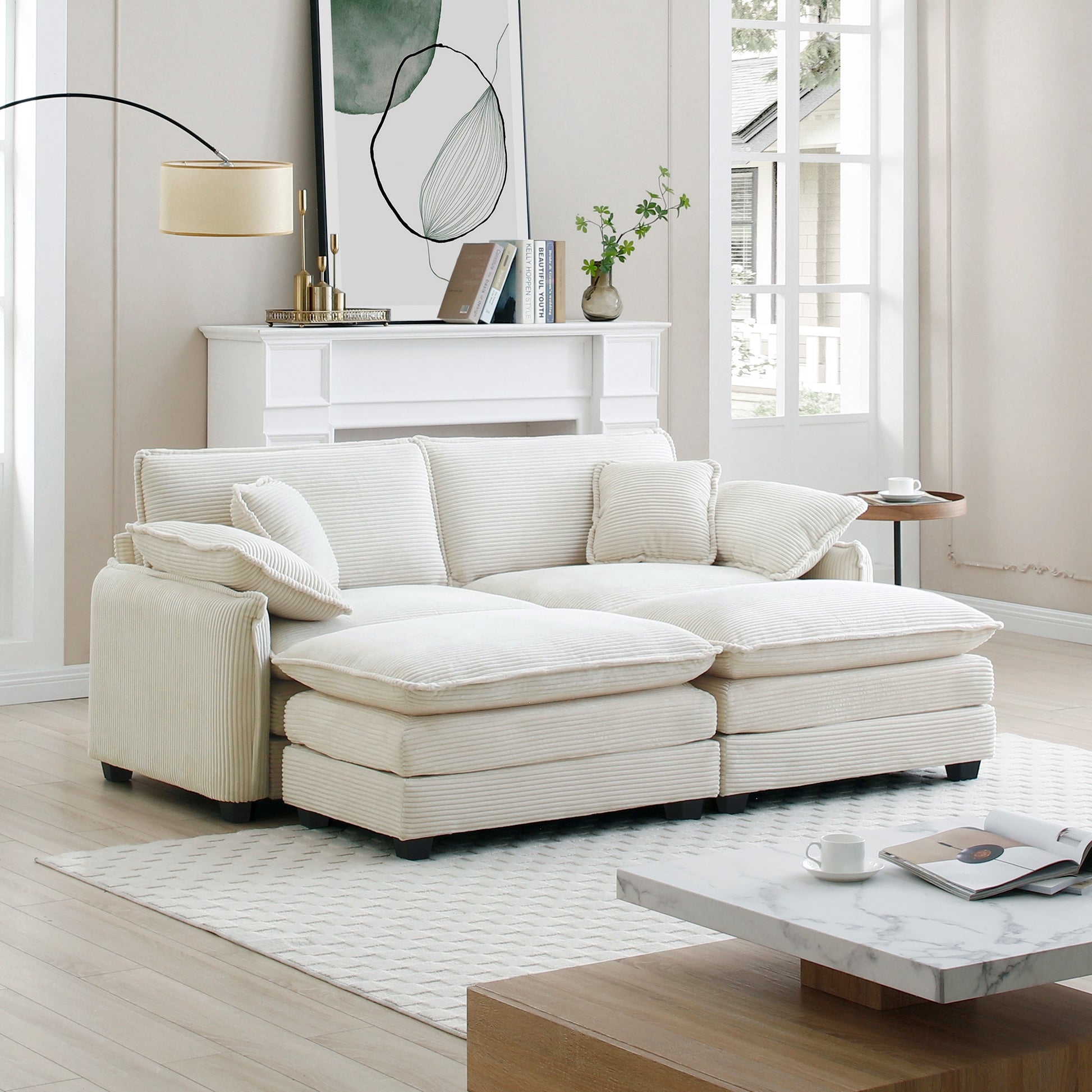 Two Seater Theater Sofa With 2 Footrest, 2 Seater Sofa With Ottoman For Small Living Spaces, Beige Corduroy Beige Corduroy 2 Seat