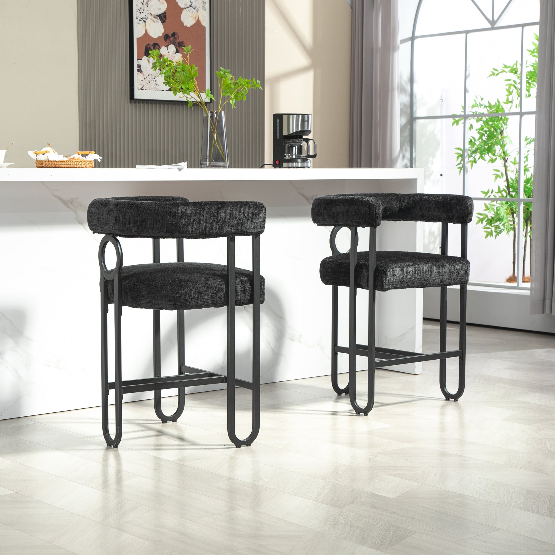 Coolmore Bar Stools Set Of 2, Modern Bar Stool With Back, Black Metal Frames, Upholstered Bar Stools For Kitchen Island, Pub, Club Black Chenille Black Dining Room Foam Chenille