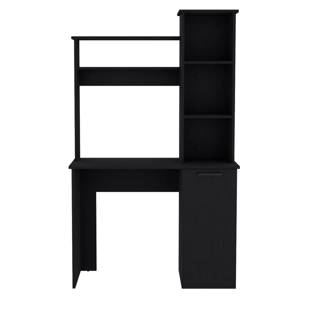 Carson Computer Desk With Hutch, Single Door Cabinet, Expansive Work Surface And 3 Tier Storage Shelves Black Computer Desk Office Modern Freestanding Rectangular Open Storage Desk Rectangular Particle Board Engineered Wood