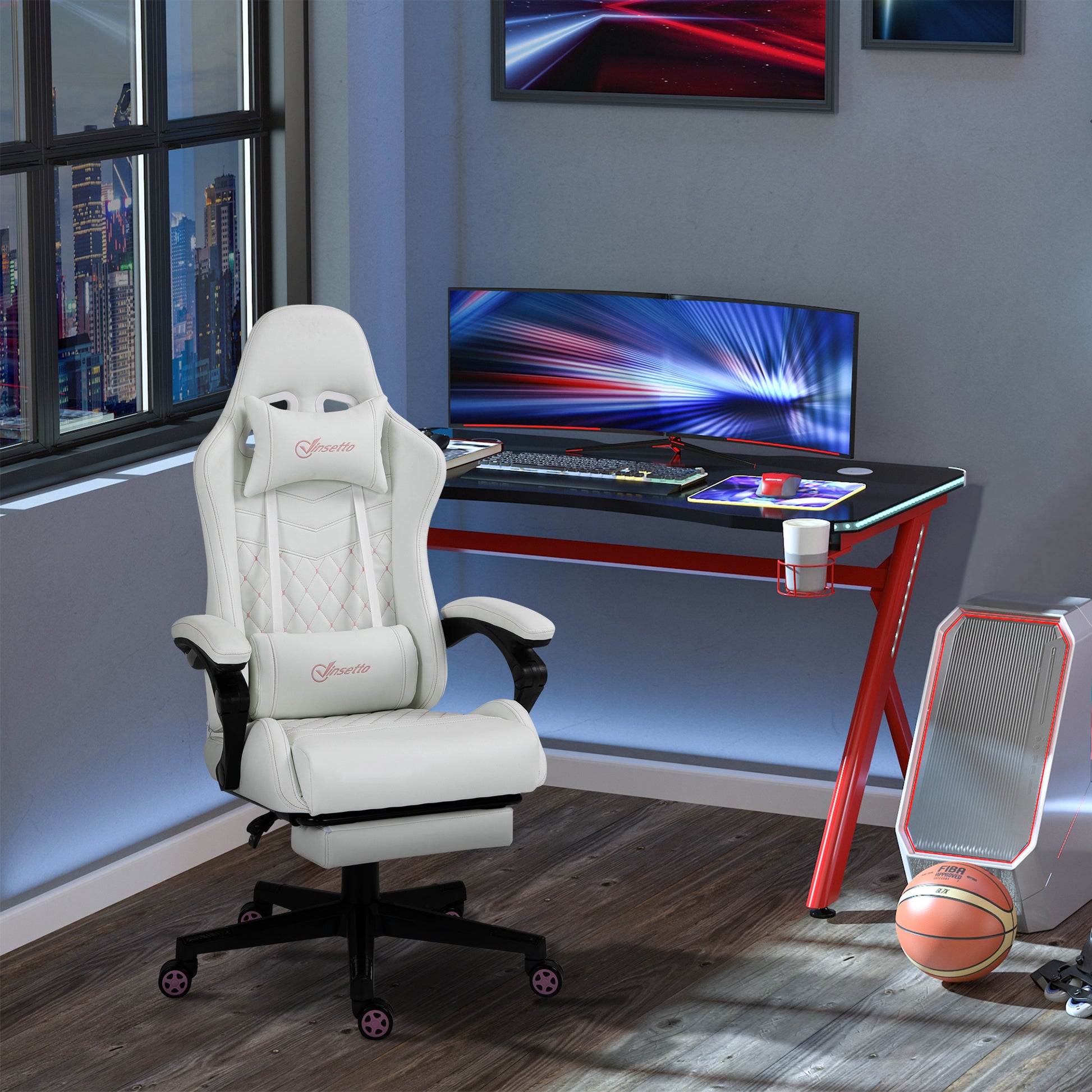 Vinsetto High Back Pu Leather Gaming Chair, Racing Computer Chair With Swivel Wheels, Retractable Footrest, Headrest, Lumbar Support, And Armrest, White And Pink White Faux Leather