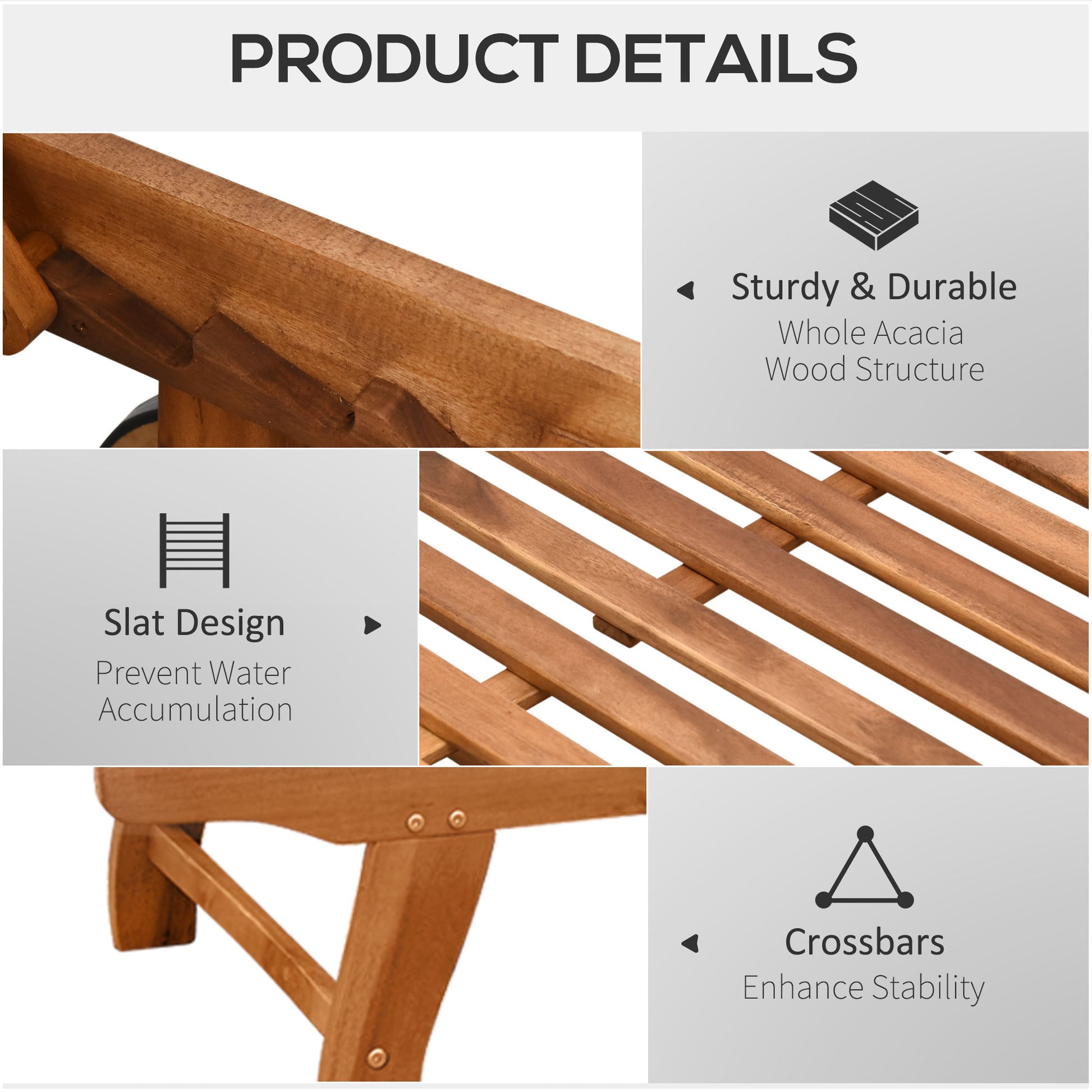 Outsunny Outdoor Folding Chaise Lounge Chair Recliner With Wheels, Acacia Wood Frame Teak Color Natural Acacia Wood