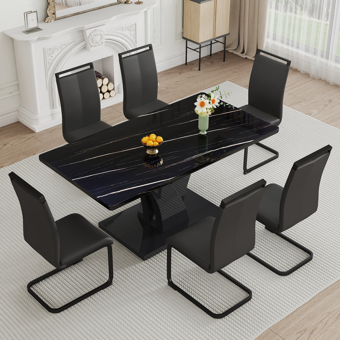 Table And Chair Set, Modern Dining Table, Black Tabletop And Black Mdf Leg Table, Soft And Comfortable Dining Chair, Perfect For Dinner, Meetings, Home And Office Decor Black Mdf