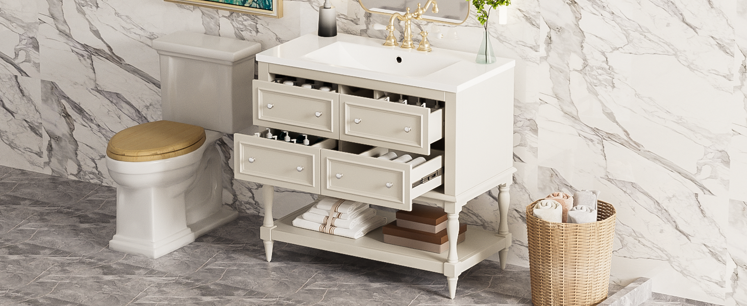 36" Bathroom Vanity Cabinet With Sink Combo Set, Undermount Resin Sink, Free Standing Vanity Set With 4 Drawers, Solid Wood Frame Bathroom Cabinet, Beige 4 Beige 1 Adjustable Hinges Bathroom Freestanding Solid Wood Mdf Resin Painted