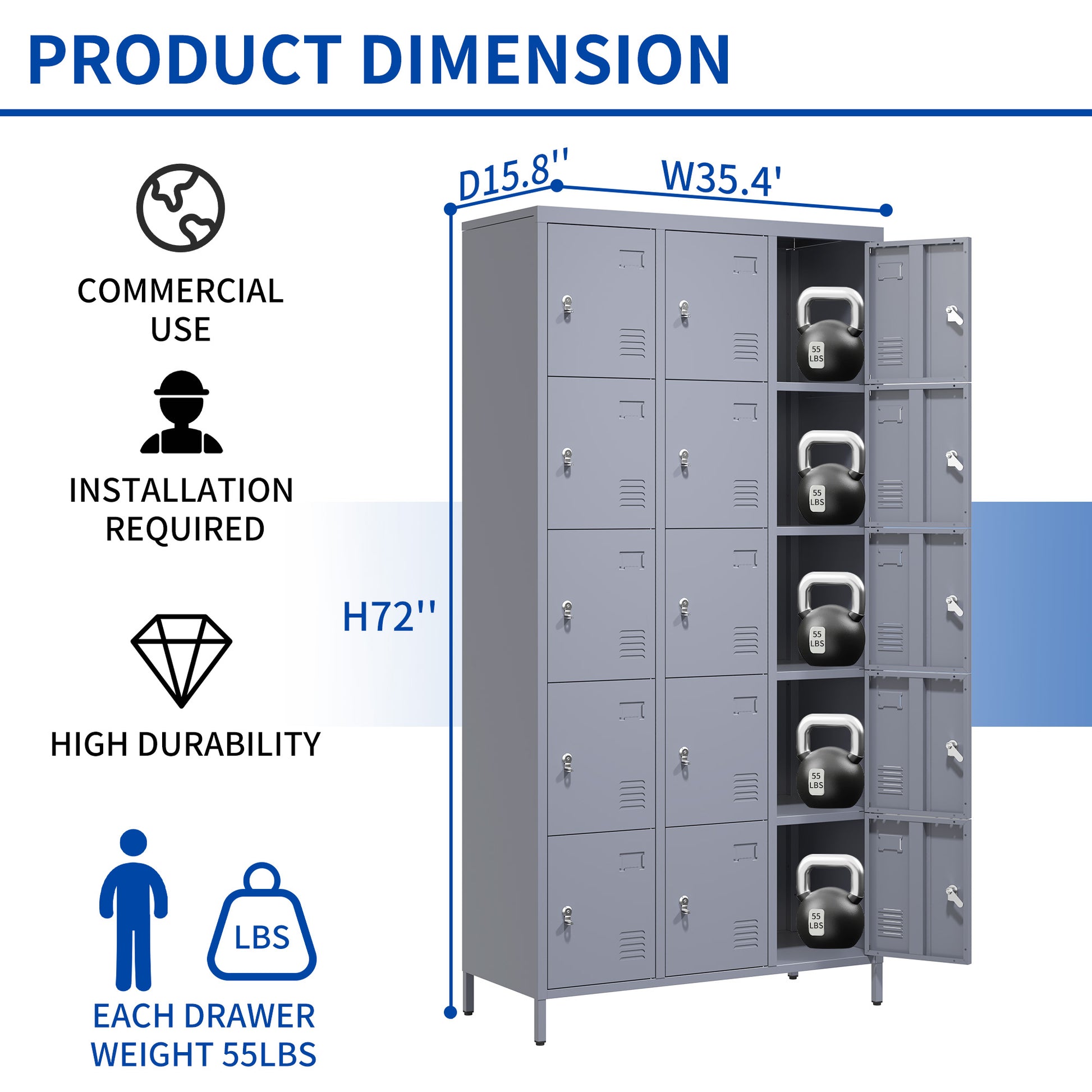 15 Door 72"H Metal Lockers With Lock For Employees,Storage Locker Cabinet For Home Gym Office School Garage,Easy Assembly,Gray 5 Or More Spaces Gray Primary Living Space Door Locks Modern Metal