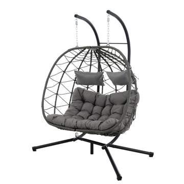 2 Persons Egg Chair With Stand Indoor Outdoor Swing Chair Patio Wicker Hanging Egg Chair Hanging Basket Chair With Stand For Bedroom Living Room Balcony Gray Steel