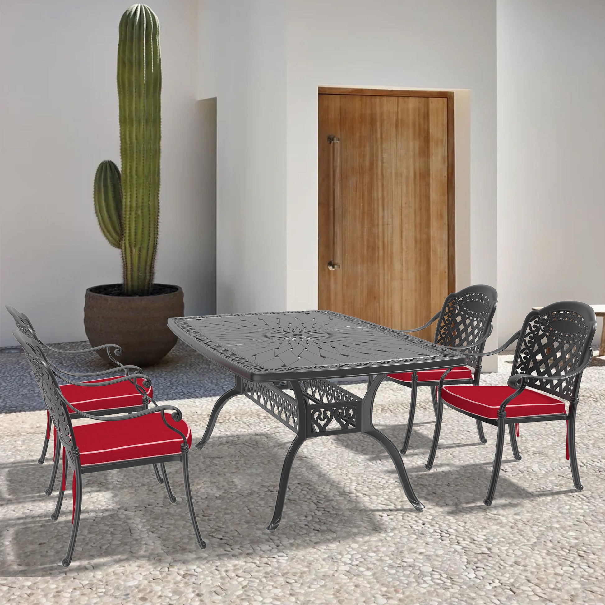 Cushions In Random Colors 5 Piece Set Of Cast Aluminum Patio Furniture With Cushions Yes Dining Set Black Seats 4 Rust Resistant Frame Water Resistant Cushion Garden & Outdoor Complete Patio Sets Aluminium