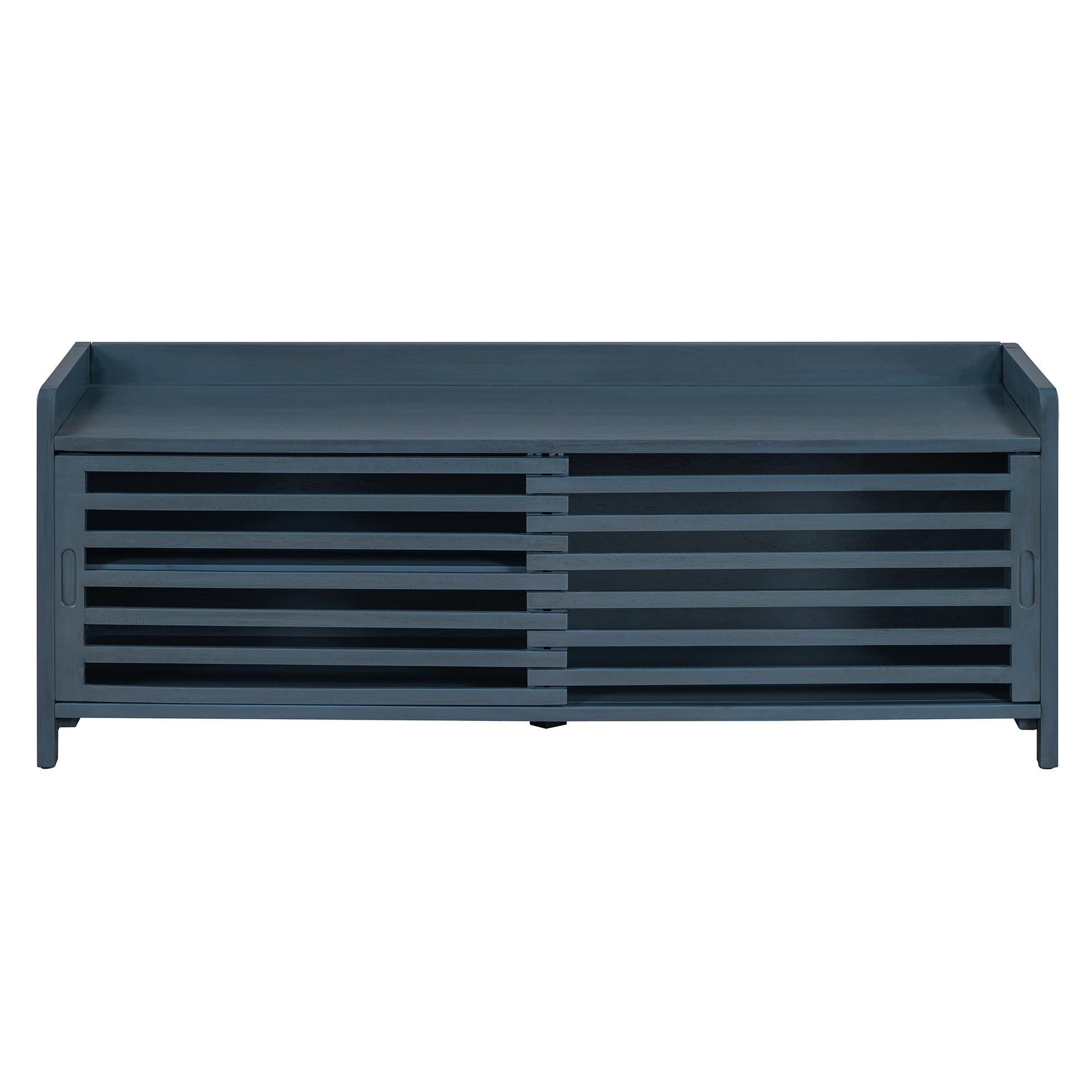 Distressed Shutter Storage Bench With Acacia Veneer For Retro Charm For Living Room, Entryway Navy Navy Mdf