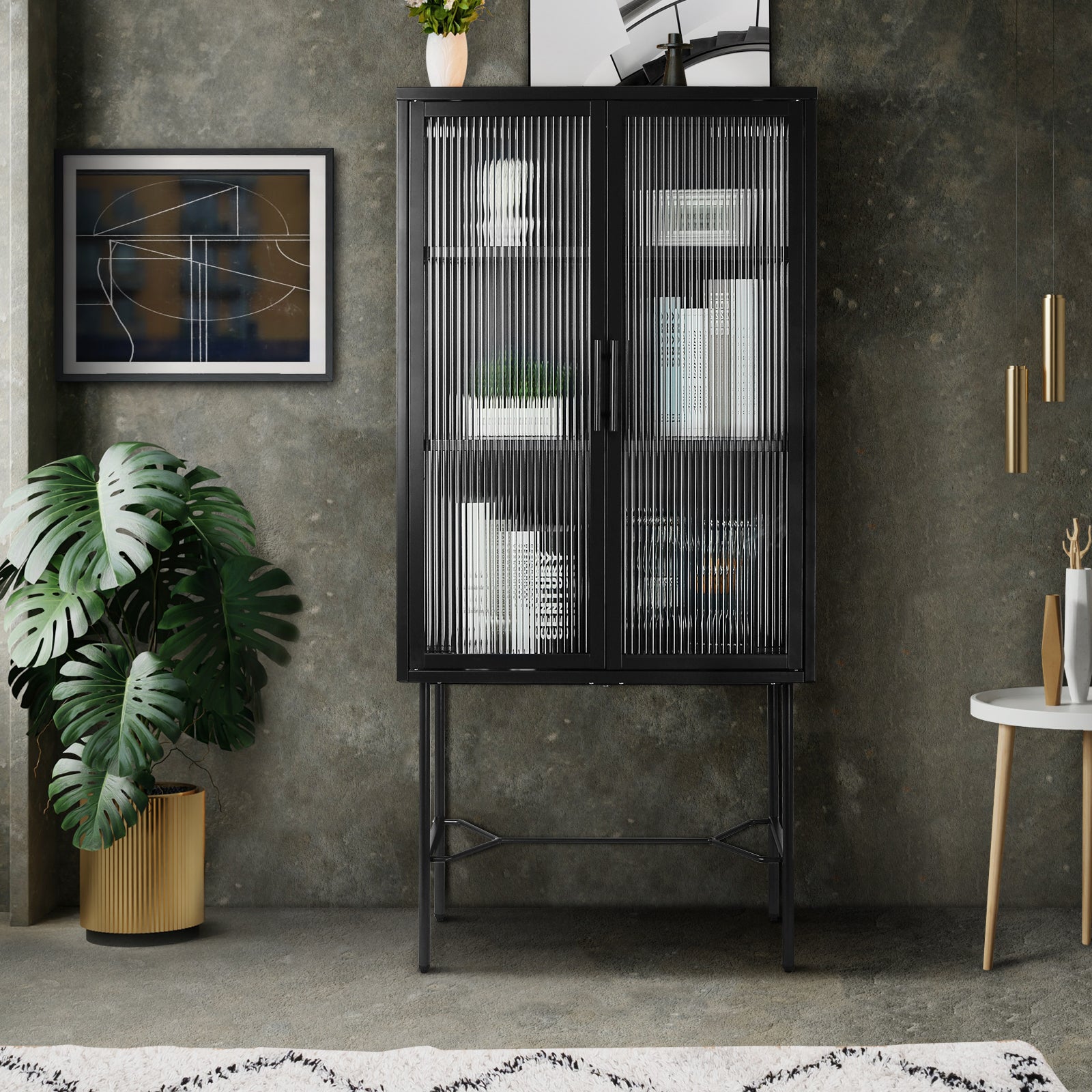 Elegant Floor Cabinet With 2 Tampered Glass Doors Living Room Display Cabinet With Adjustable Shelves Anti Tip Dust Free Easy Assembly Black Color Black Steel