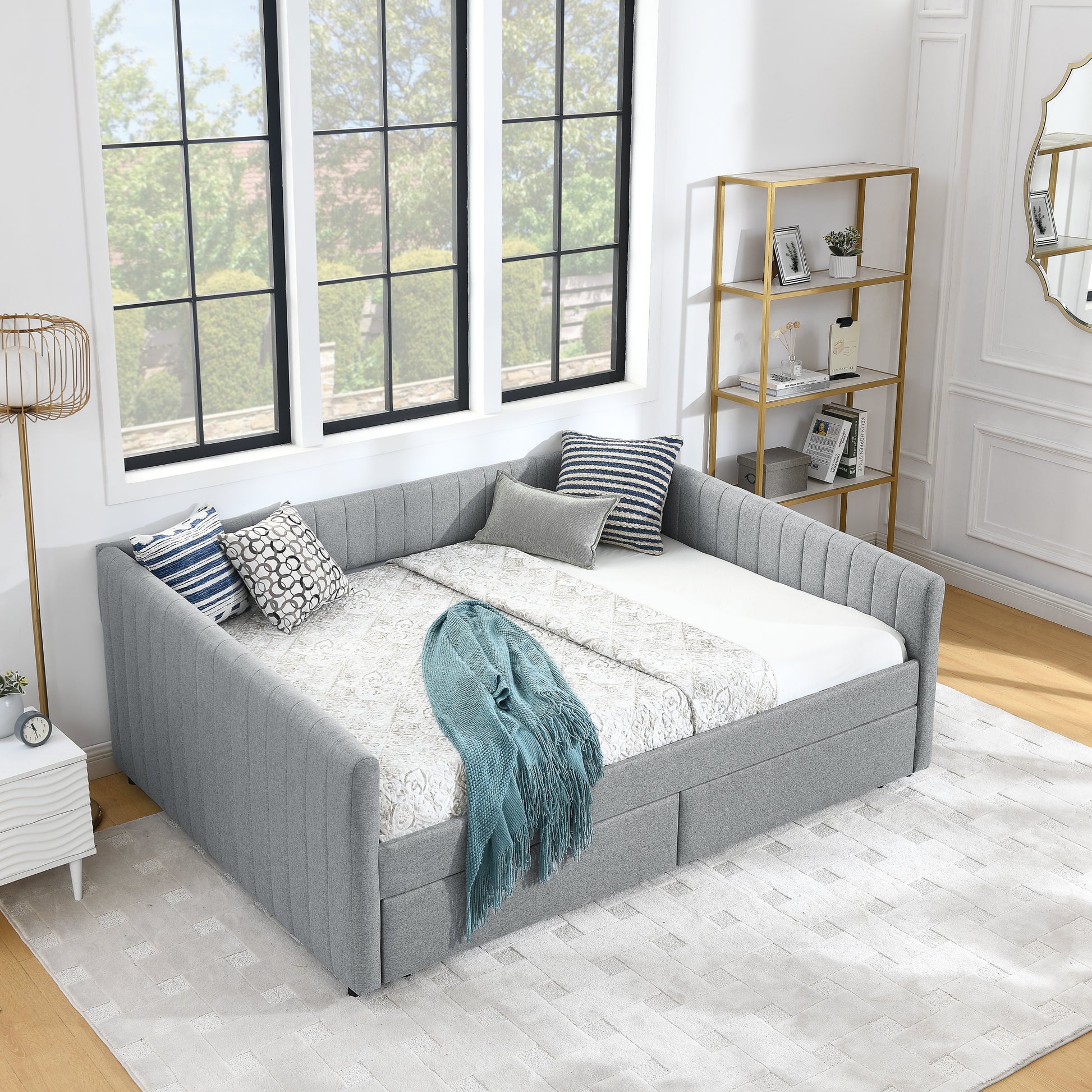 Queen Size Daybed With Two Drawers Trundle Upholstered Sofa Bed, With Vertical Stripes Linen Fabric, Grey 86.5"X65"X30" Grey Linen