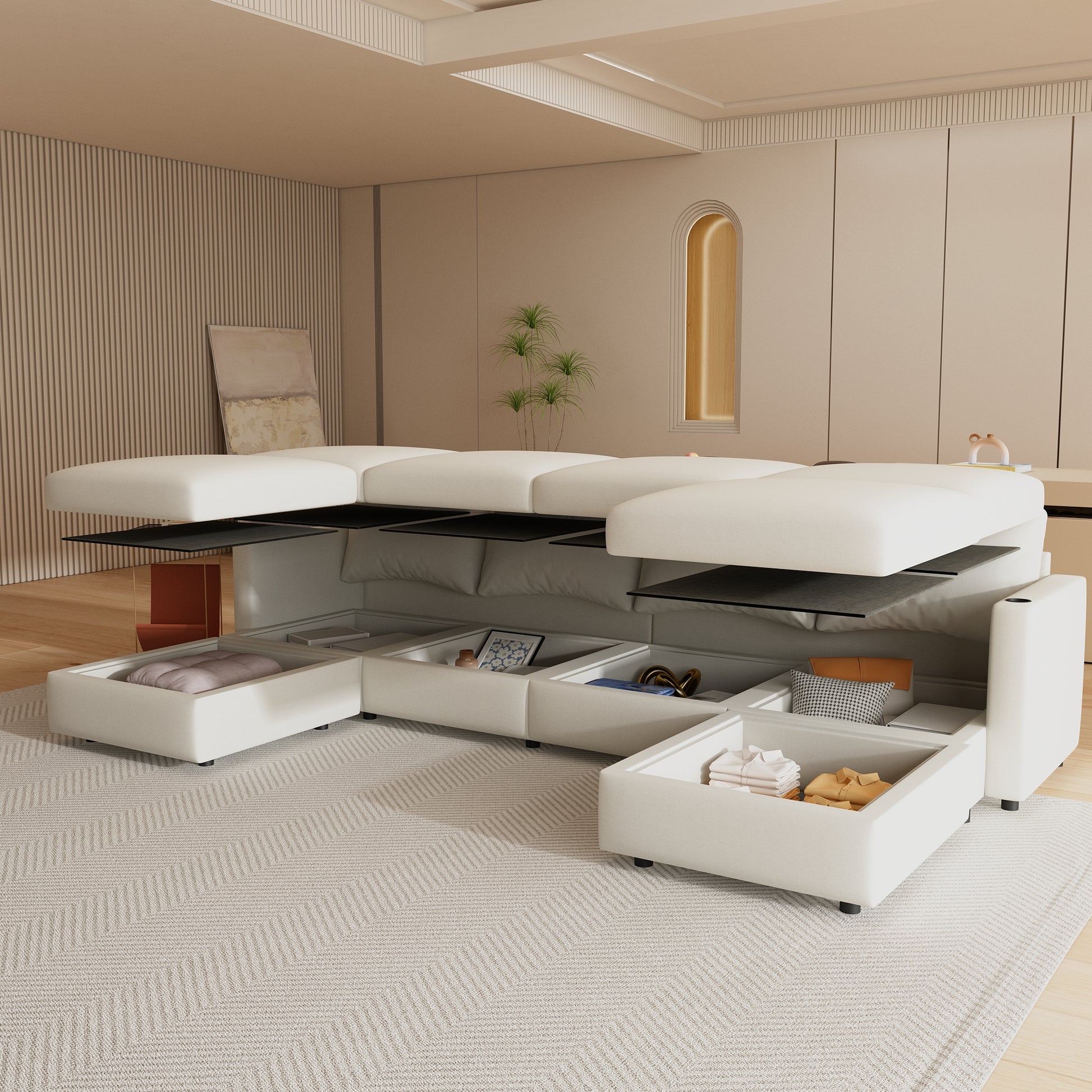 Modern Large Sectional Sofa, U Shape Modular Sectional Couch With Storage Function,123" Sofa Bed With Ottoman,6 Seat Sectionals Chaise For Living Room,Chenille Antique White Fabric 6 Seat