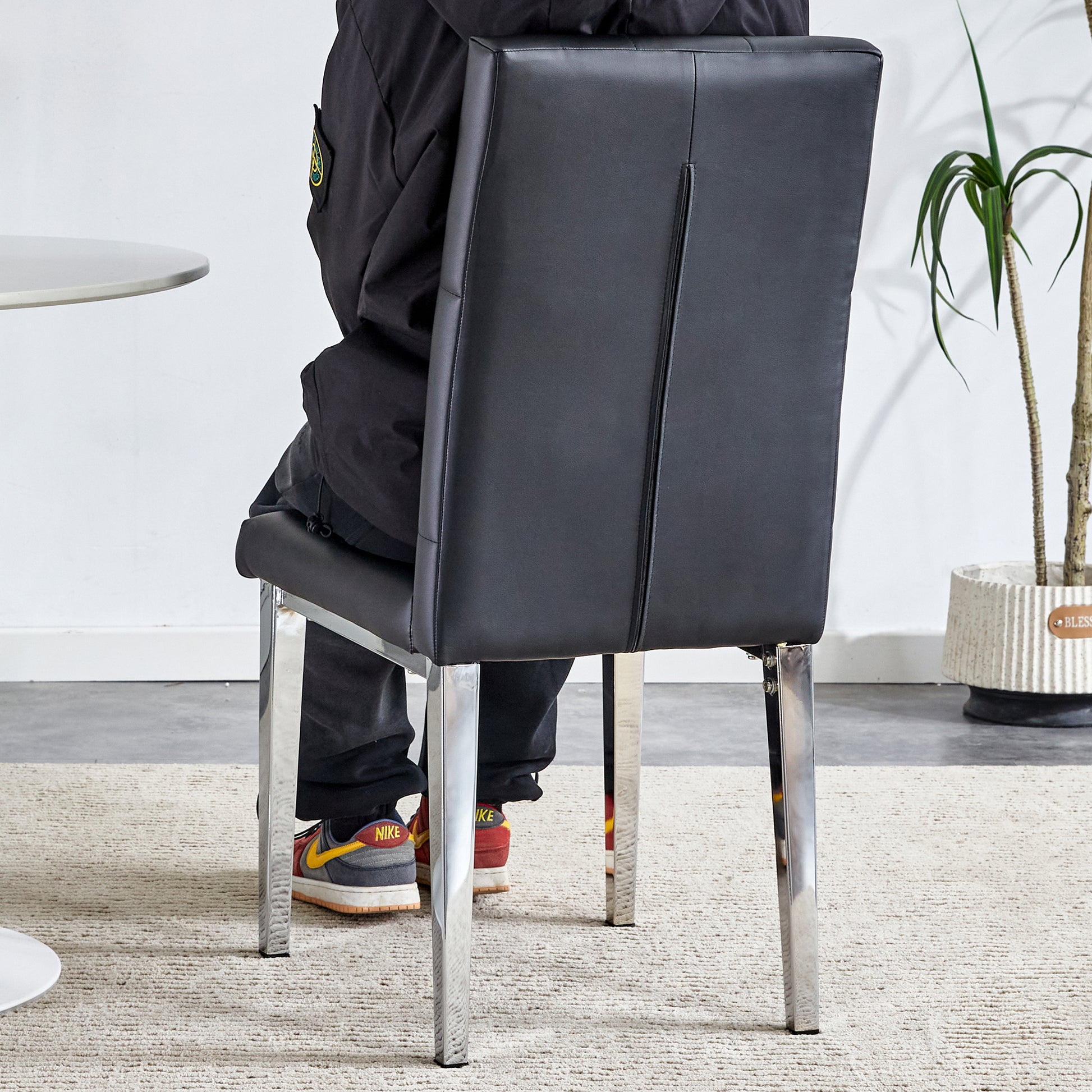 Table And Chair Set, Modern Dining Table, Tempered Glass Tabletop And Silver Colored Leg Table, Soft And Comfortable Dining Chair, Perfect For Dinner, Meetings, Home And Office Decor Black Seats 6 Glass