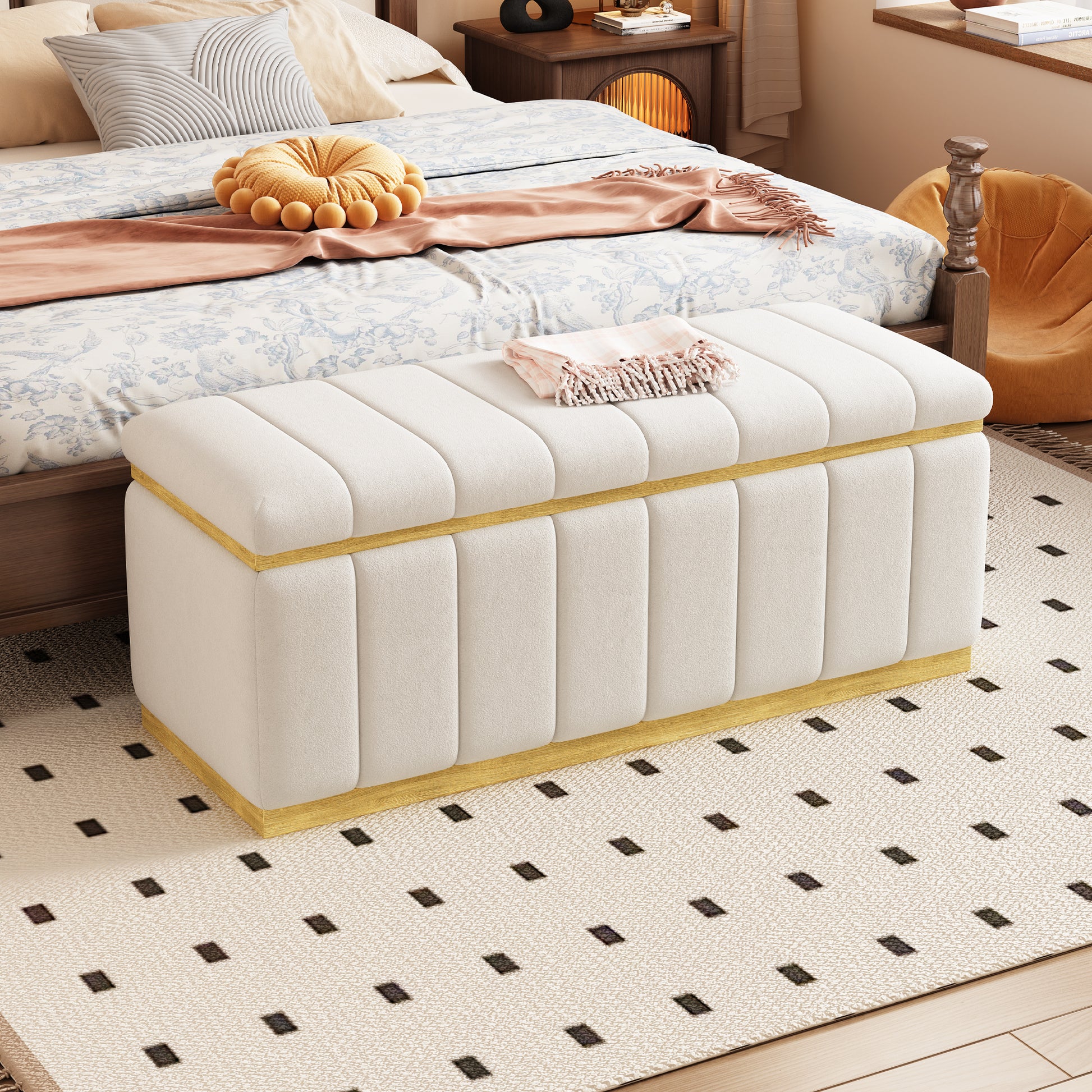 Linen Fabric Upholstered Solid Wood Frame Bench With Large Storage Space For The Living Room, Entryway And Bedroom,Beige, 40''X16''X17'' Beige Wood Oak Rectangle Internal Storage Fabric