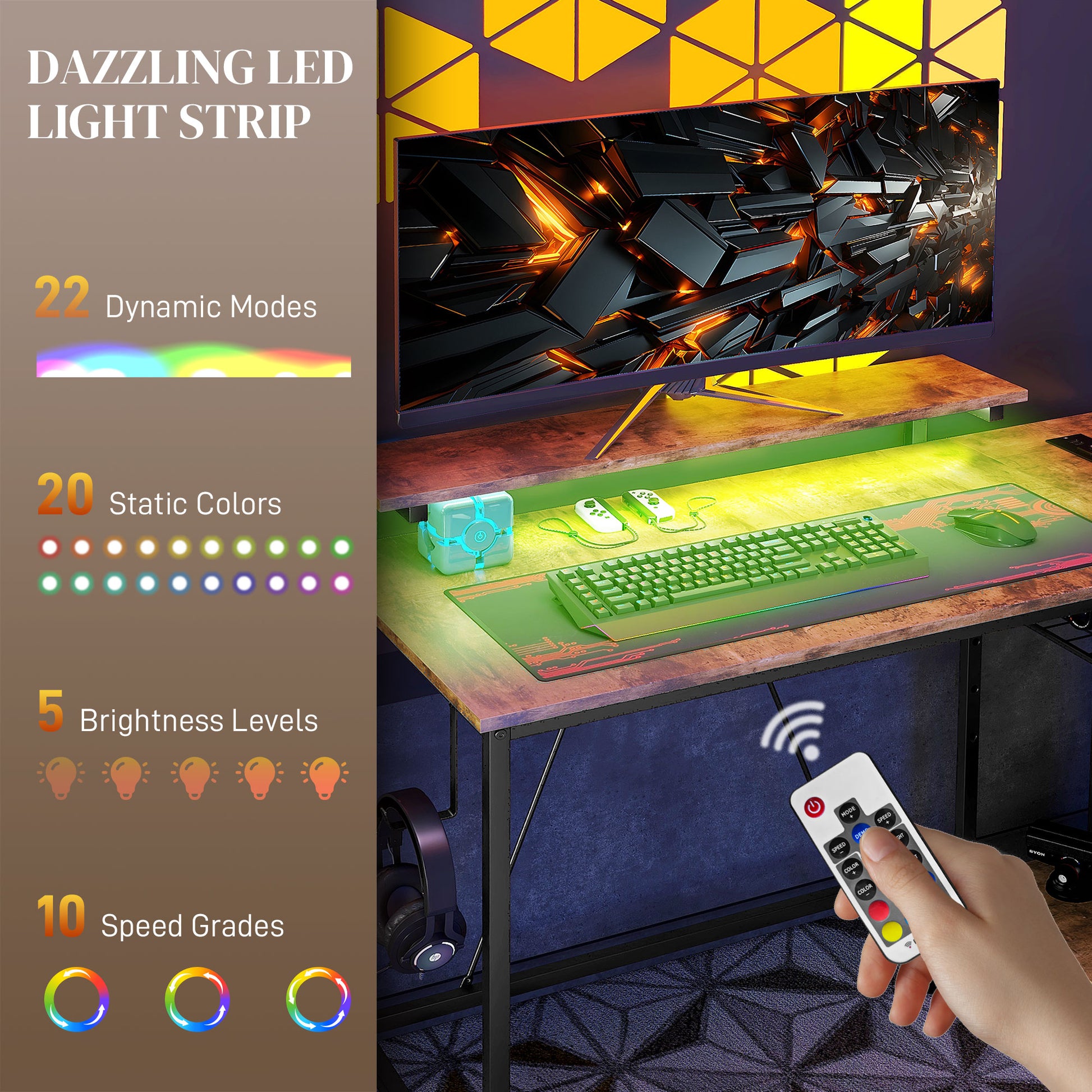 Homcom 42" L Shaped Desk With Led Lights, Power Outlet, Usb Charging Ports, Reversible L Shaped Computer Desk With Storage Shelves, Monitor Stand, Corner Gaming Desk For Home Office, Rustic Brown