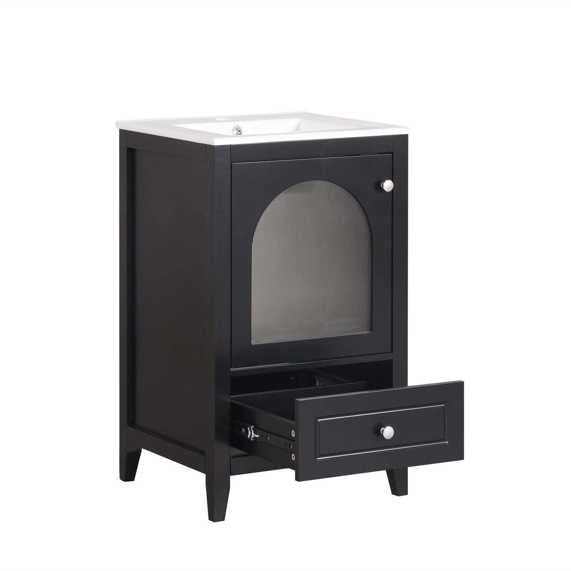 20" Bathroom Vanity With Sink, Bathroom Cabinet With Soft Closing Glass Door, A Drawer, Black Black Mdf
