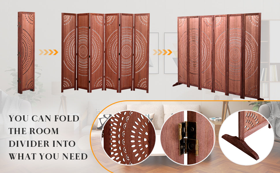 82.8'' W X 65'' H 6 Panel Solid Wood Folding Room Divider, Brown Brown Solid Wood