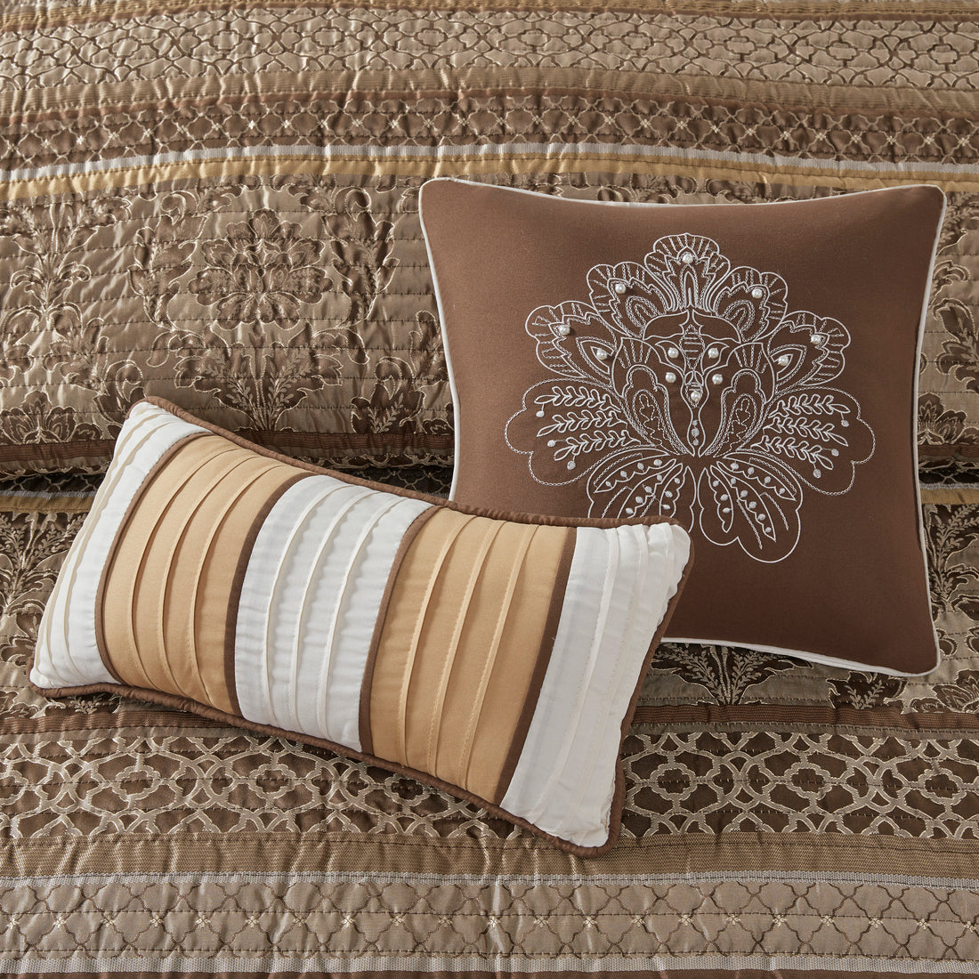 6 Piece Jacquard Quilt Set With Throw Pillows Brown Gold Full Queen Full Brown Gold Cotton