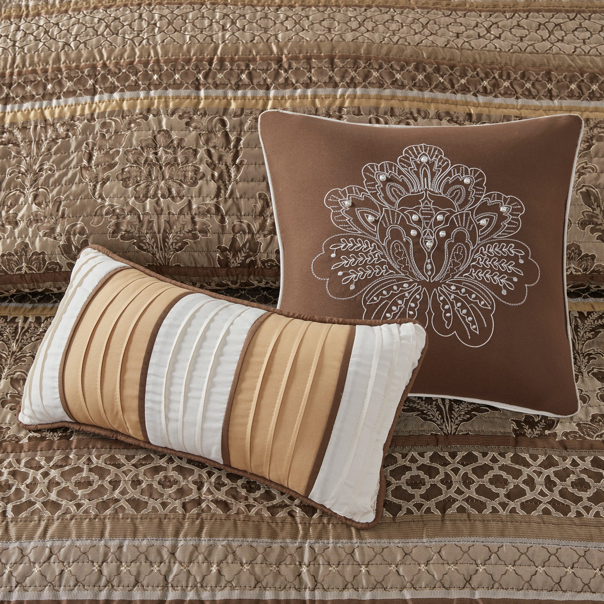 6 Piece Jacquard Quilt Set With Throw Pillows Brown Gold Full Queen Full Brown Gold Cotton