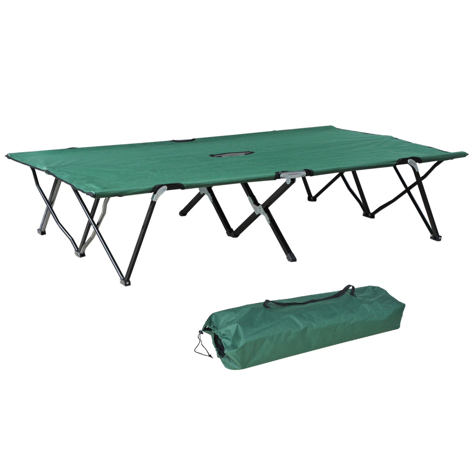 Outsunny 2 Person Folding Camping Cot For Adults, 50" Extra Wide Outdoor Portable Sleeping Cot With Carry Bag, Elevated Camping Bed, Beach Hiking, Green Green Steel