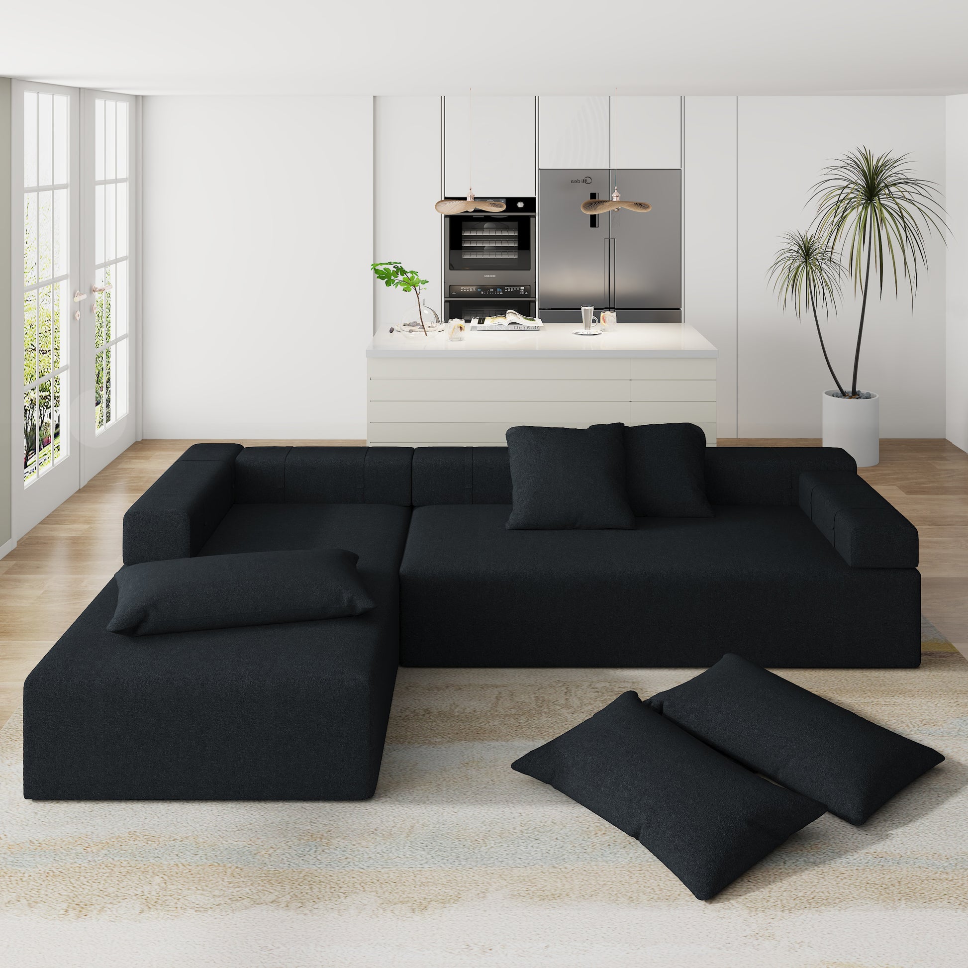 Modern Upholstered Sectional Sofa Couch Set,Modular 108" L Shaped Sectional Living Room Sofa Set With 6 Pillows,Free Combination Sofa Couch For Living Room,Bedroom Left Chaise Black Foam Chenille 3 Seat