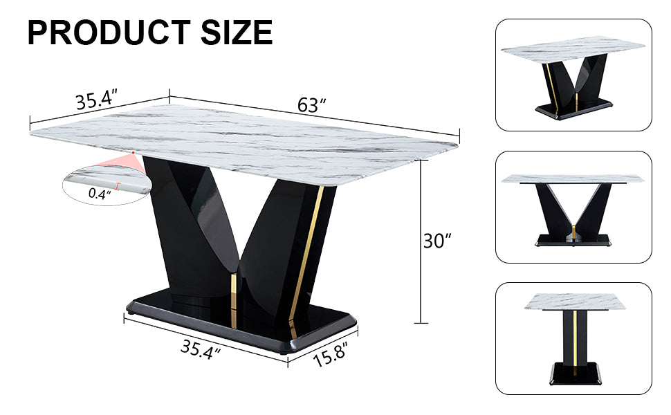 Modern Minimalist Rectangular Dining Table, 0.4 Inch Thick, White Imitation Marble Pattern Tabletop, Black Mdf Table Legs. Suitable For Kitchens, Restaurants, And Living Rooms63'' X 35.4'' X 30'' F