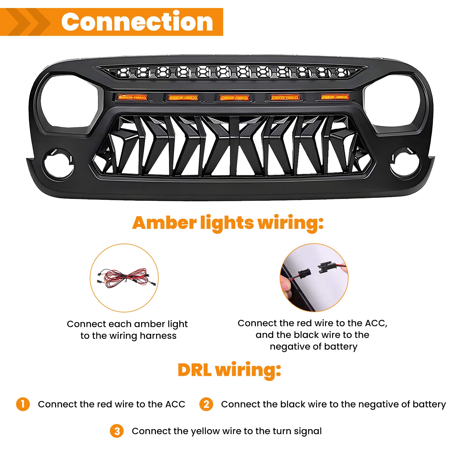 Front Matte Black Shark Grille Replacement Grill For Jeep Wrangler Jk 2007 2017 With Led Lights Black Abs